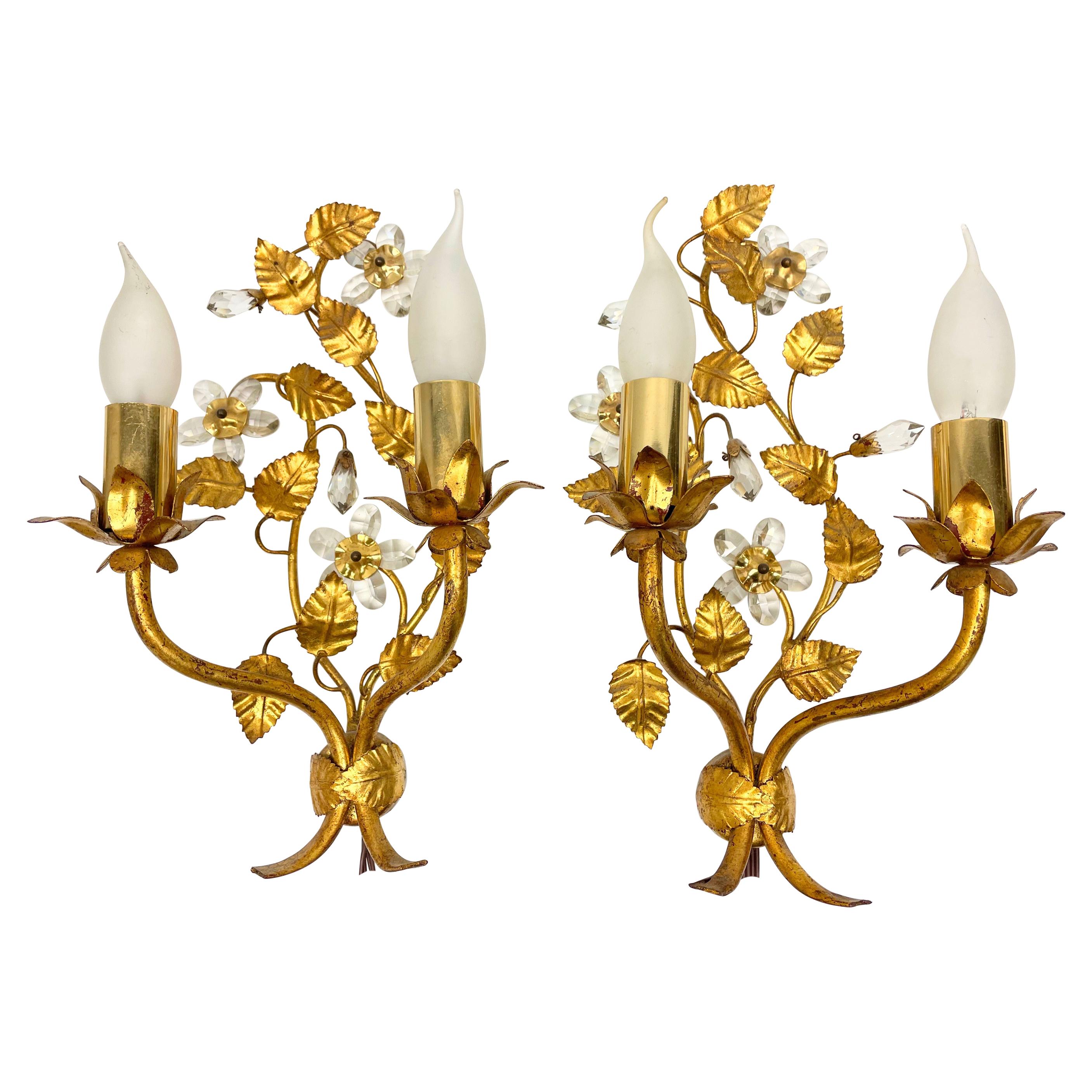 Pair of Italian Crystal Flower Gilt Wall Sconce by Banci Florence, Italy, 1950s