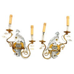 Paire d'appliques murales italiennes de style Baques en cristal perroquet