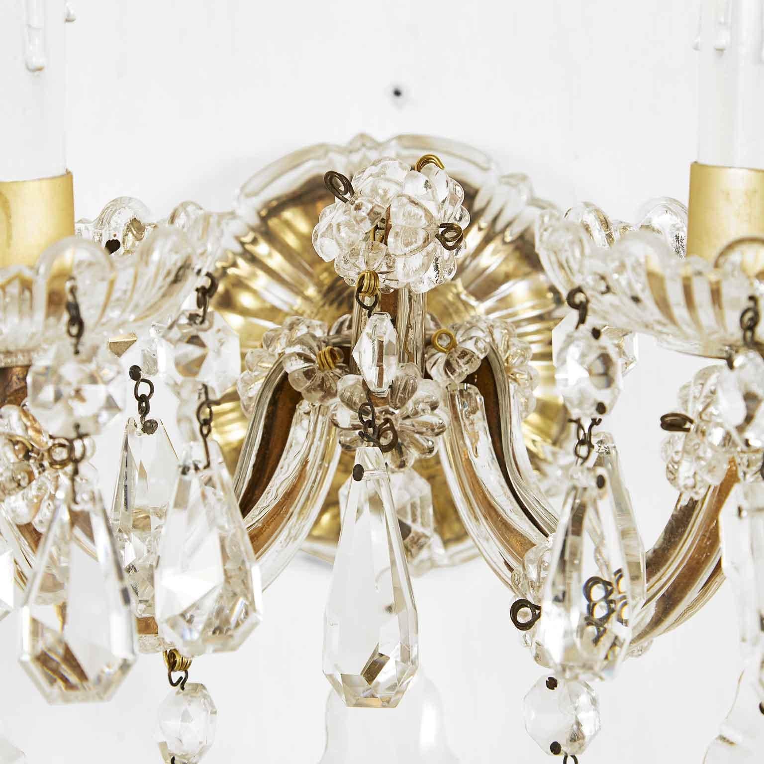 Faceted Pair of Italian Crystal Sconces 1950s Marie Therese Two-Armed Wall Lights