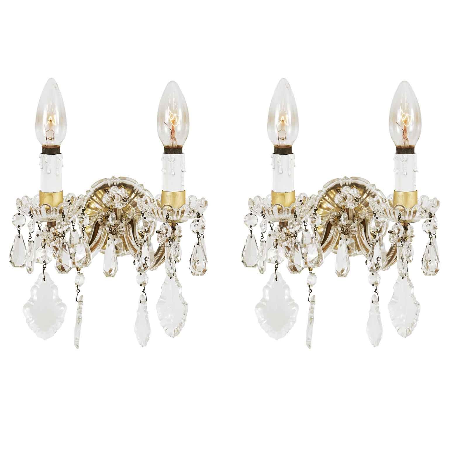 20th Century Pair of Italian Crystal Sconces 1950s Marie Therese Two-Armed Wall Lights
