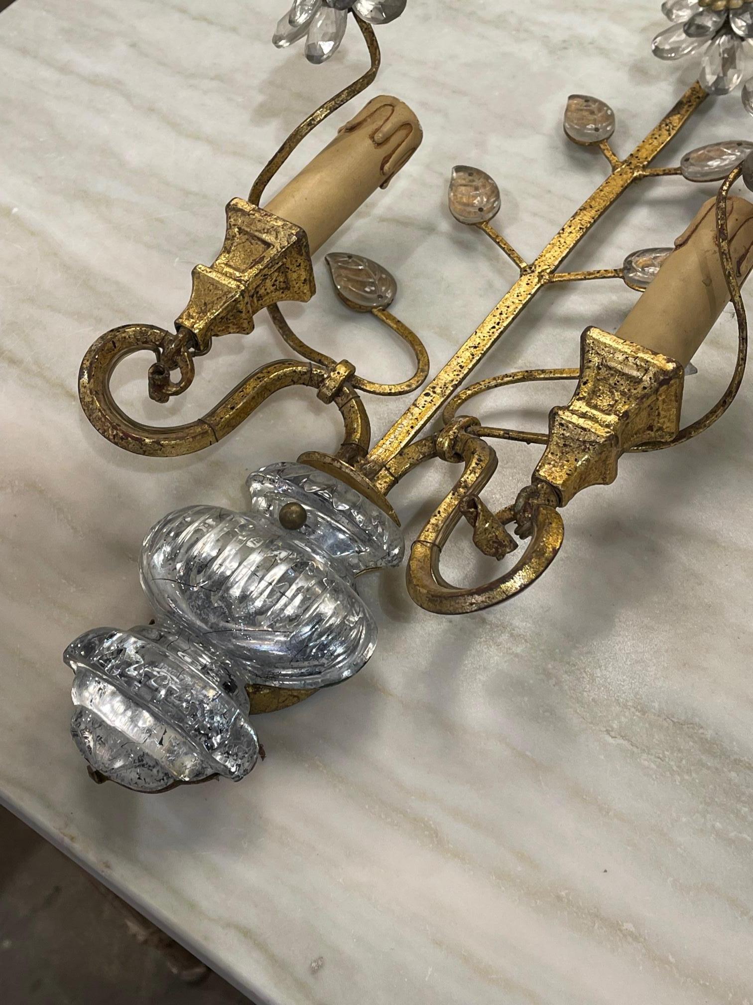 Crystal Pair of Italian Bagues Style Sconces For Sale