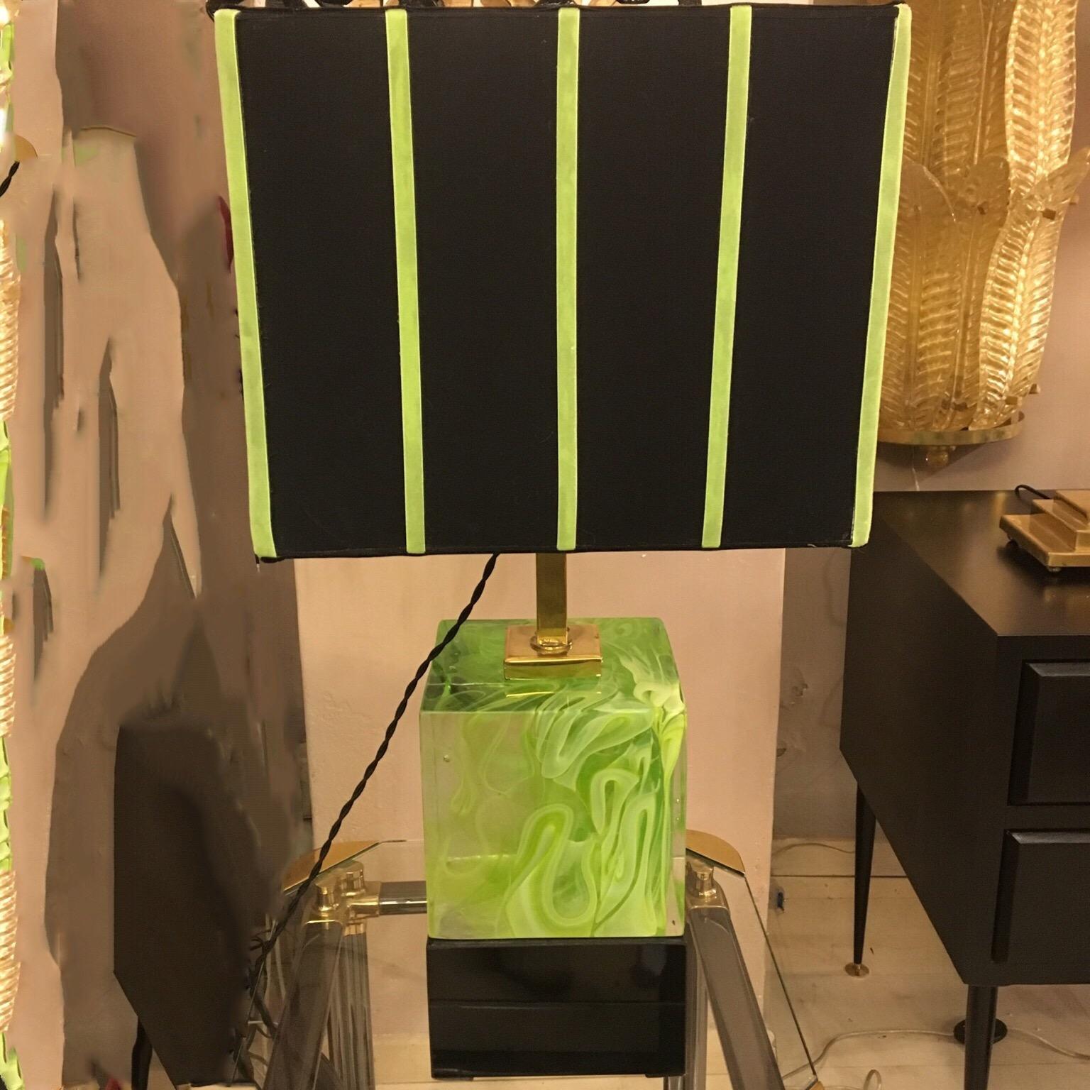 Late 20th Century Pair of Italian Cubic Acid Green Murano Glass Lamps Mixed Effect, 2000s