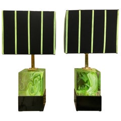 Pair of Italian Cubic Acid Green Murano Glass Lamps Mixed Effect, 2000s