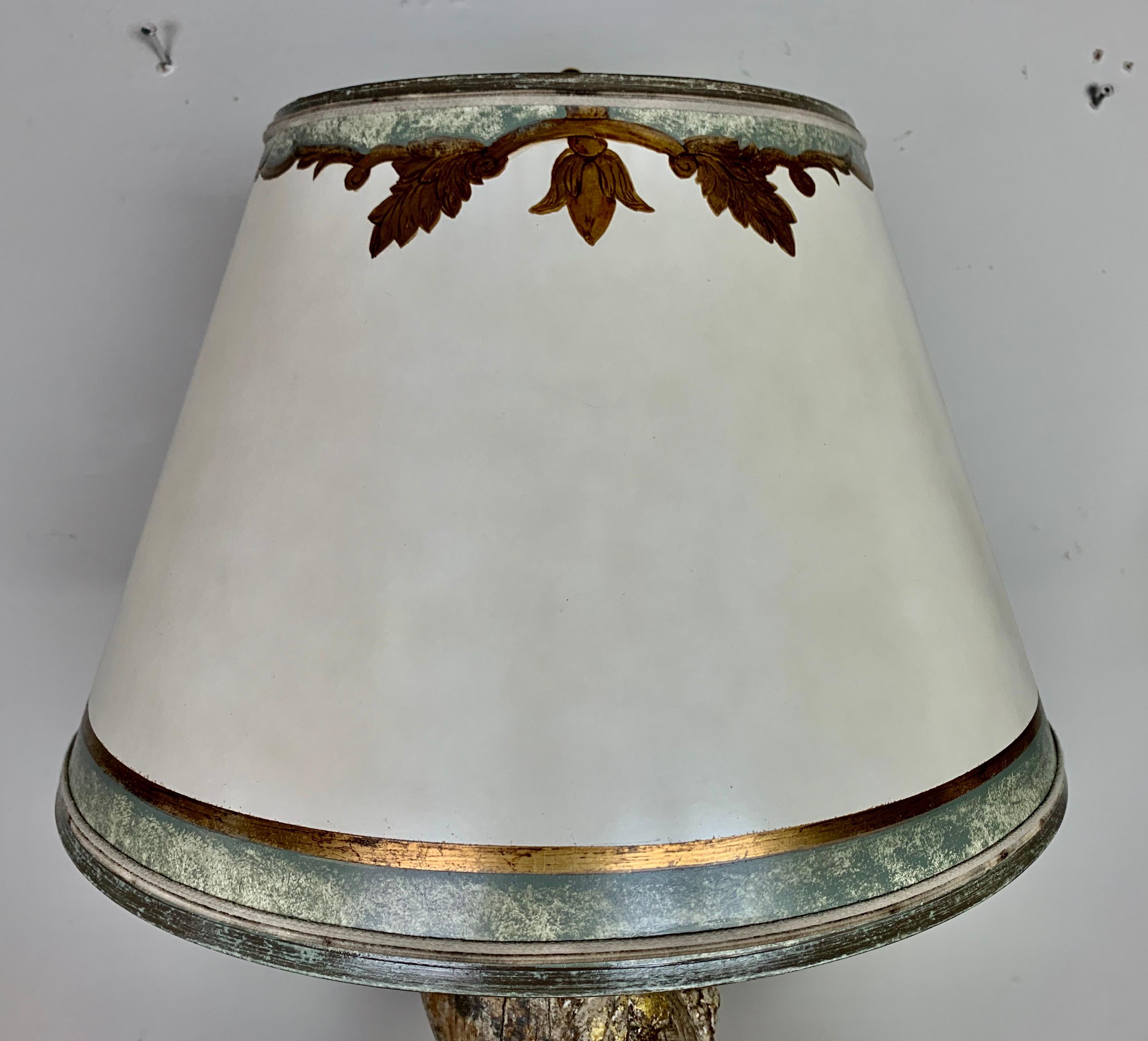Wood Pair of Italian Culumn lamps with Parchment Shade