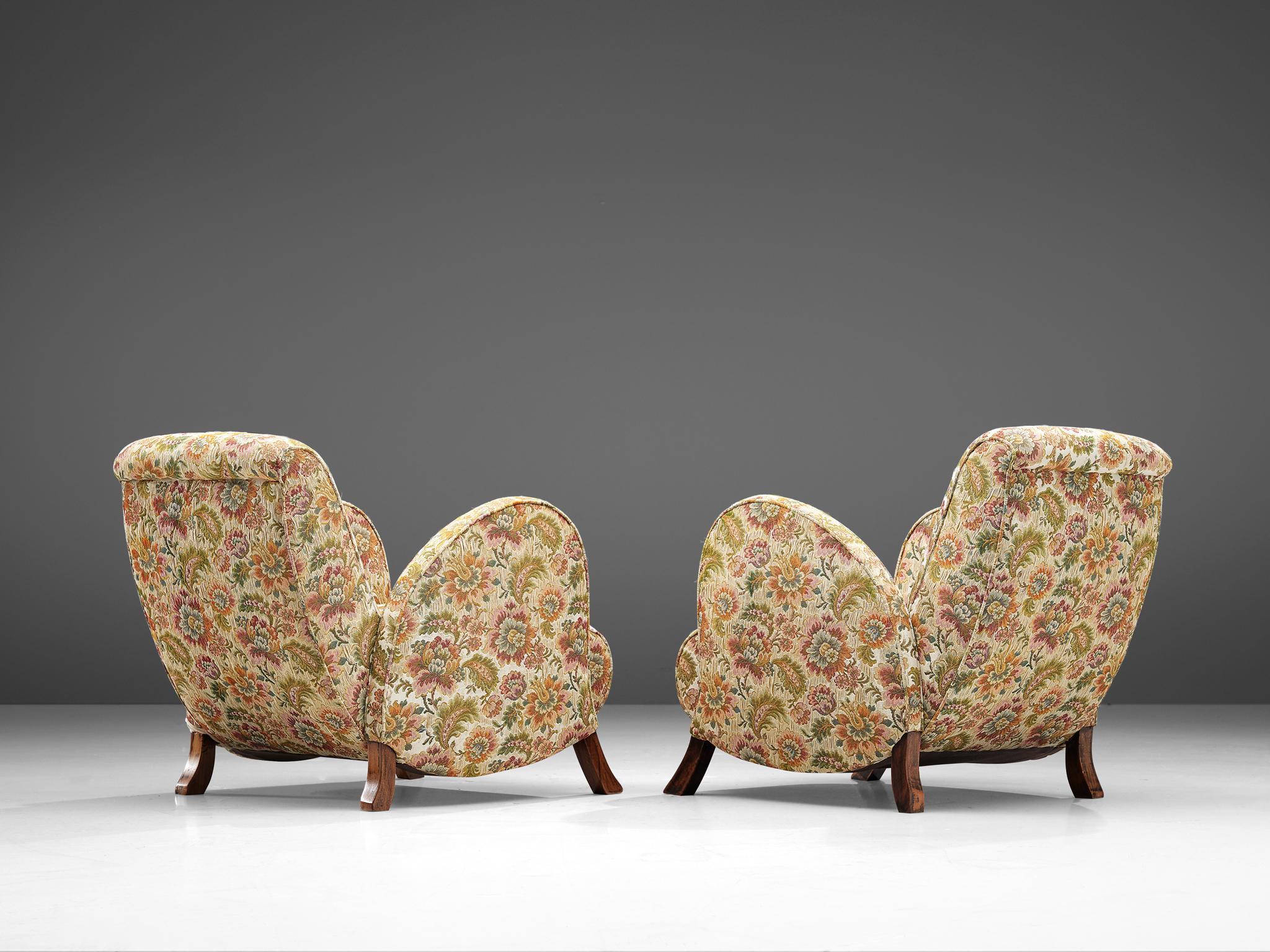 Mid-Century Modern Pair of Italian Curved Armchairs in Floral Upholstery, 1950s