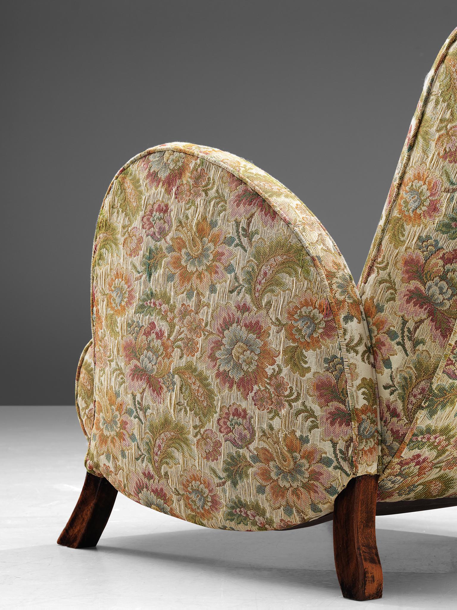Mid-20th Century Pair of Italian Curved Armchairs in Floral Upholstery, 1950s