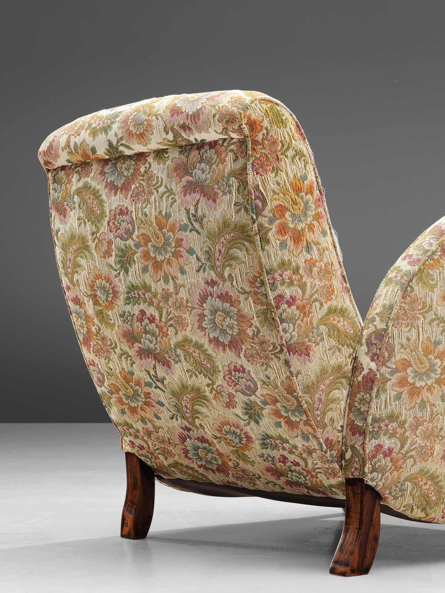 Fabric Pair of Italian Curved Armchairs in Floral Upholstery, 1950s