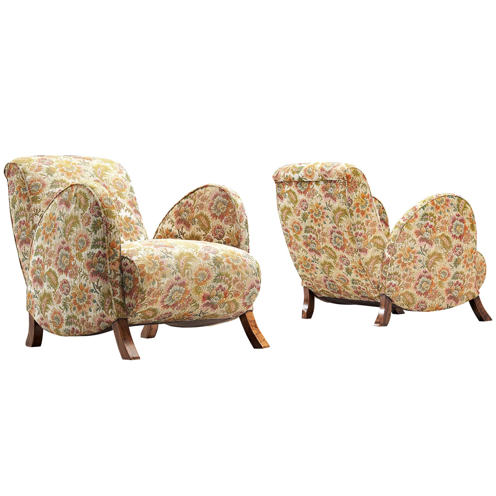 Pair of Italian Curved Armchairs in Floral Upholstery, 1950s