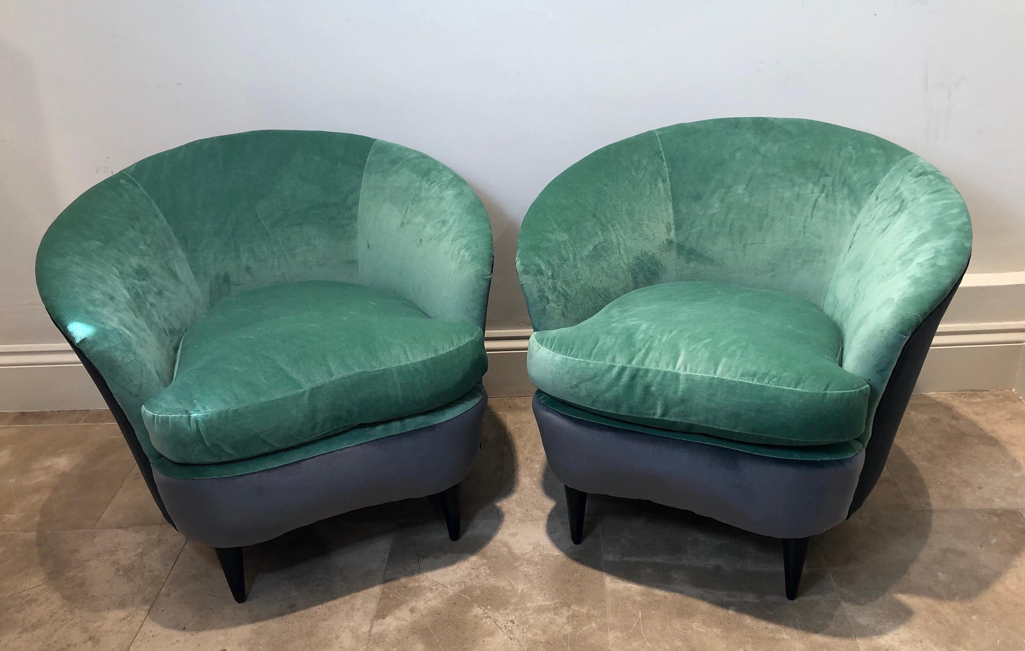 Pair of Italian Curved Chairs and Stools with Mint Green and Grey Upholstery For Sale 3