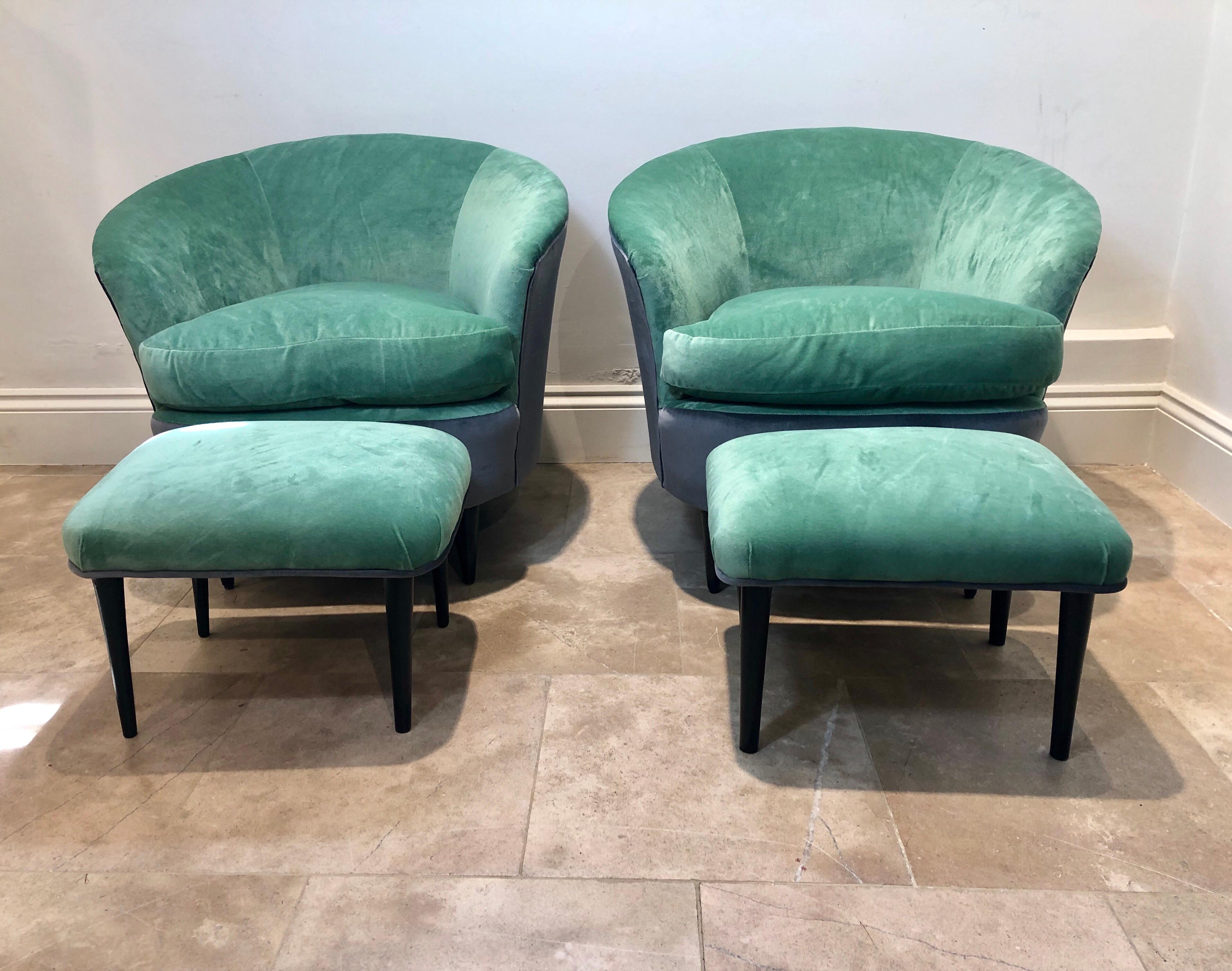 Pair of Italian Curved Chairs and Stools with Mint Green and Grey Upholstery For Sale 6