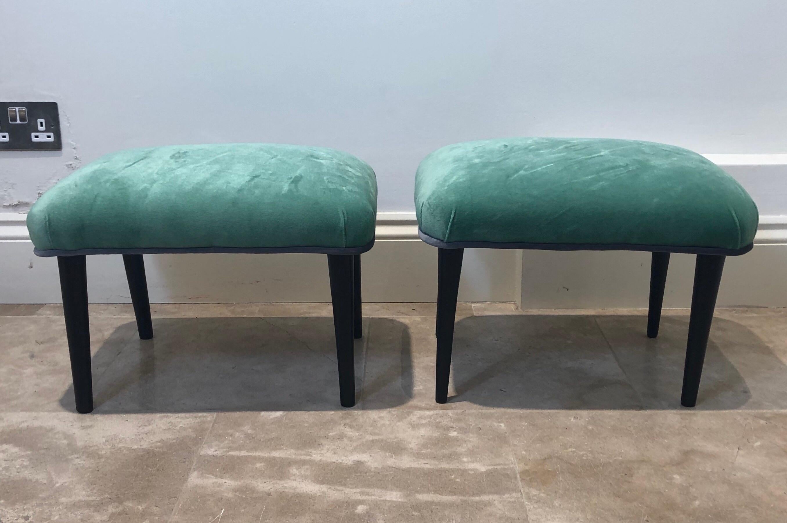 Pair of Italian Curved Chairs and Stools with Mint Green and Grey Upholstery For Sale 7