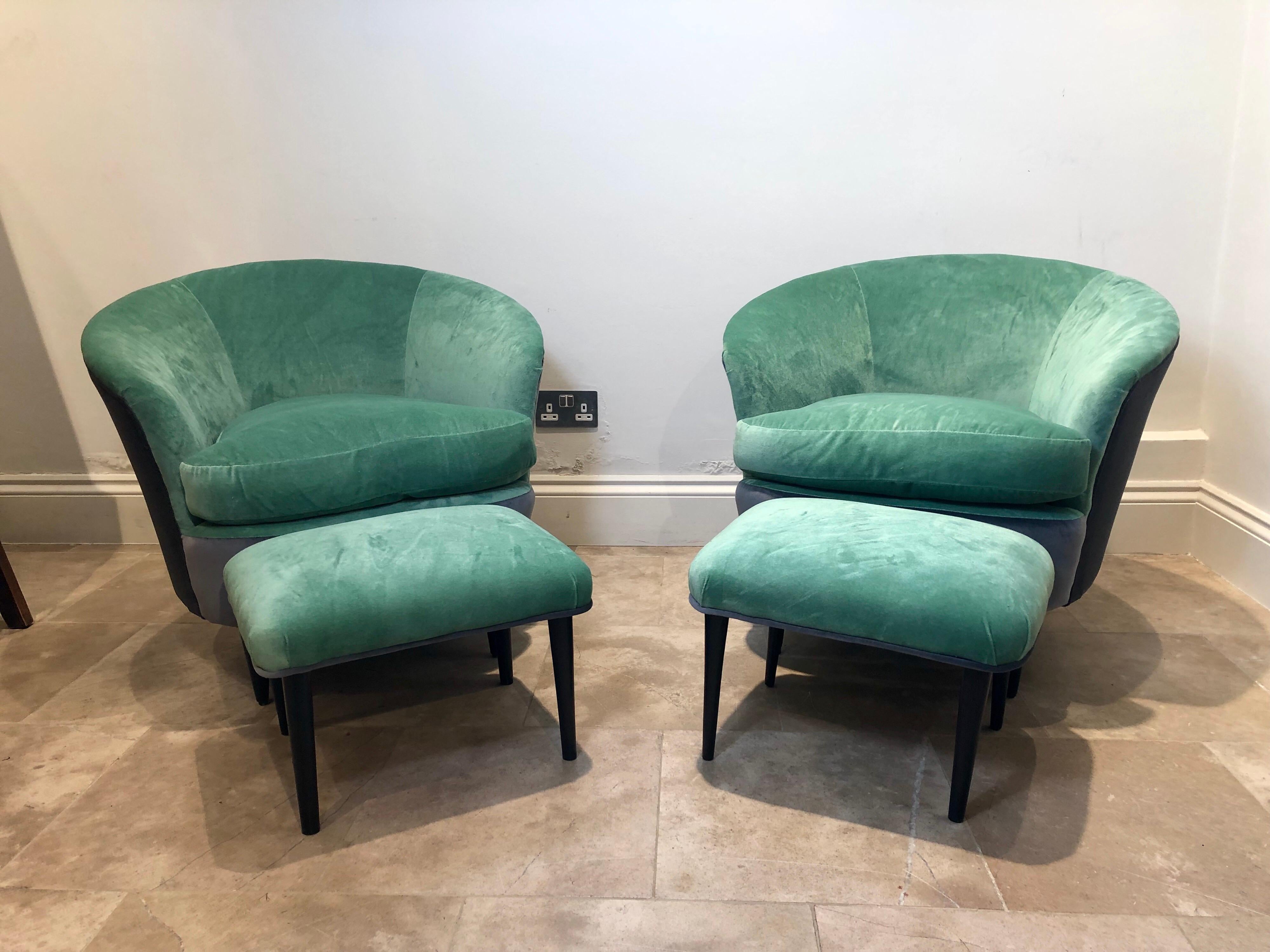 A lovely pair of curved Italian small armchairs with matching stools that have been newly upholstered in a mint green velvet. The chairs are sitting on ebonised legs as are the stools.
The measurements of the stools are W 48cm x D 38cm x H 32cm.