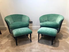 Pair of Italian Curved Chairs and Stools with Mint Green and Grey Upholstery