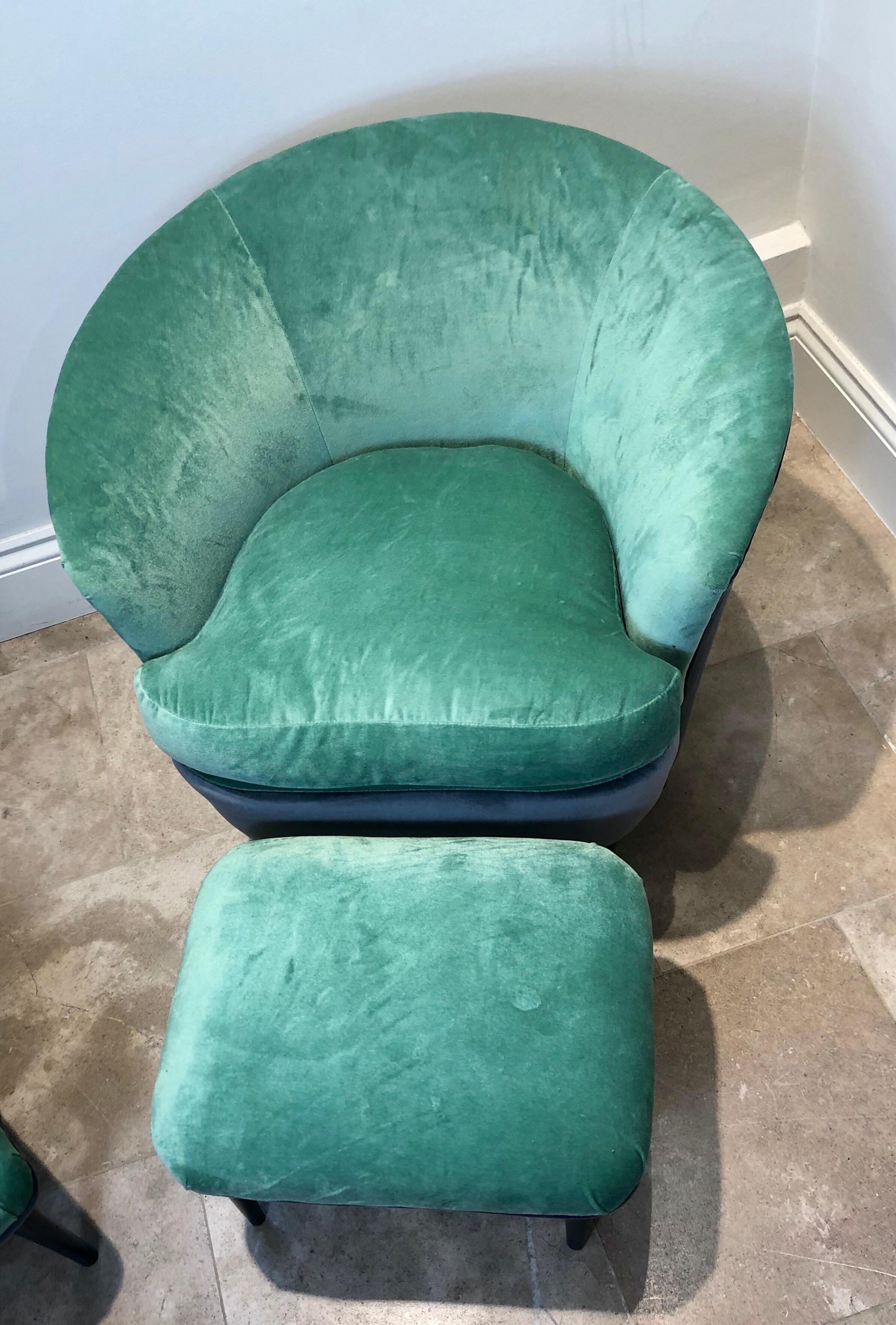 Mid-Century Modern Pair of Italian Curved Chairs and Stools with Mint Green and Grey Upholstery For Sale