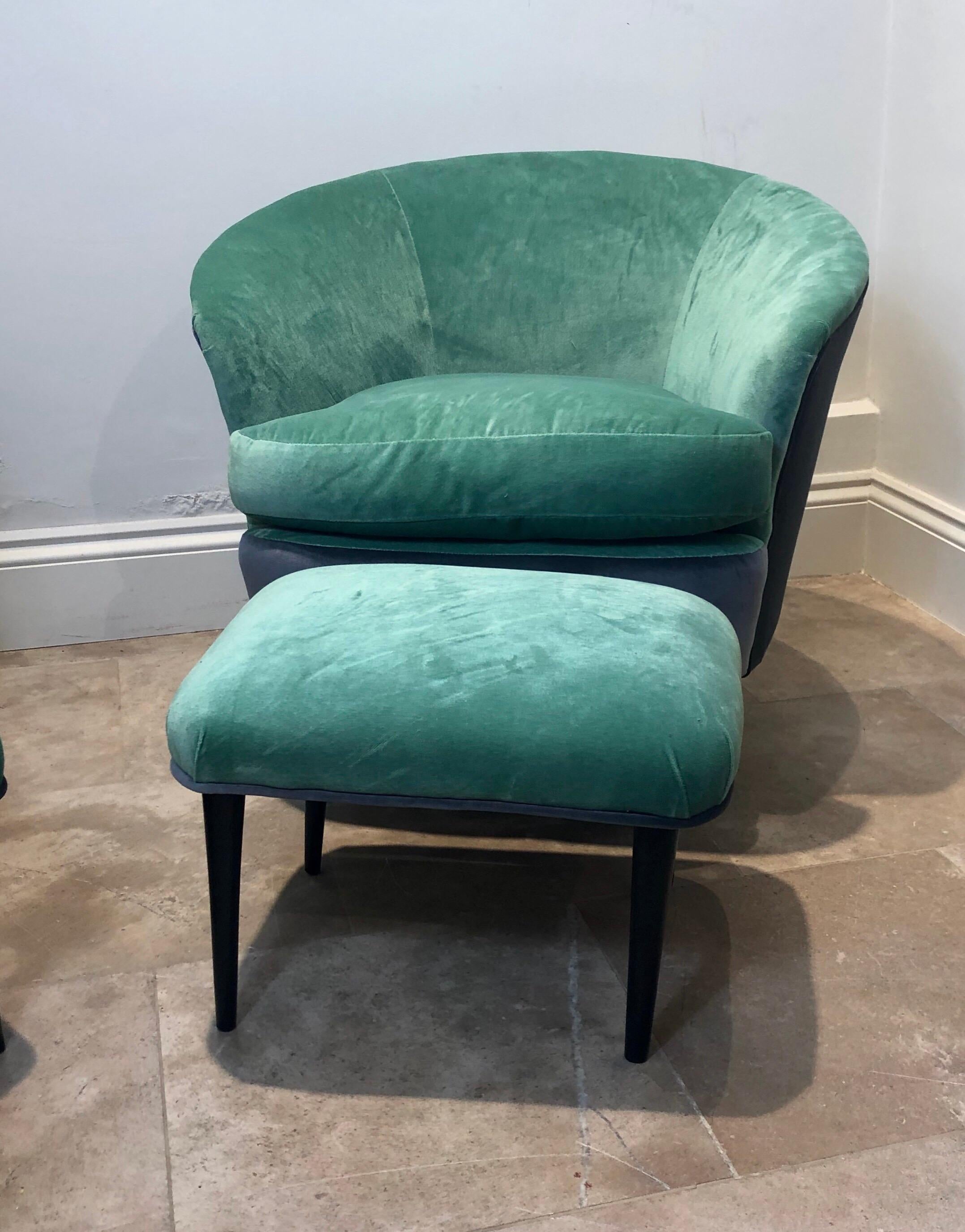 Velvet Pair of Italian Curved Chairs and Stools with Mint Green and Grey Upholstery For Sale