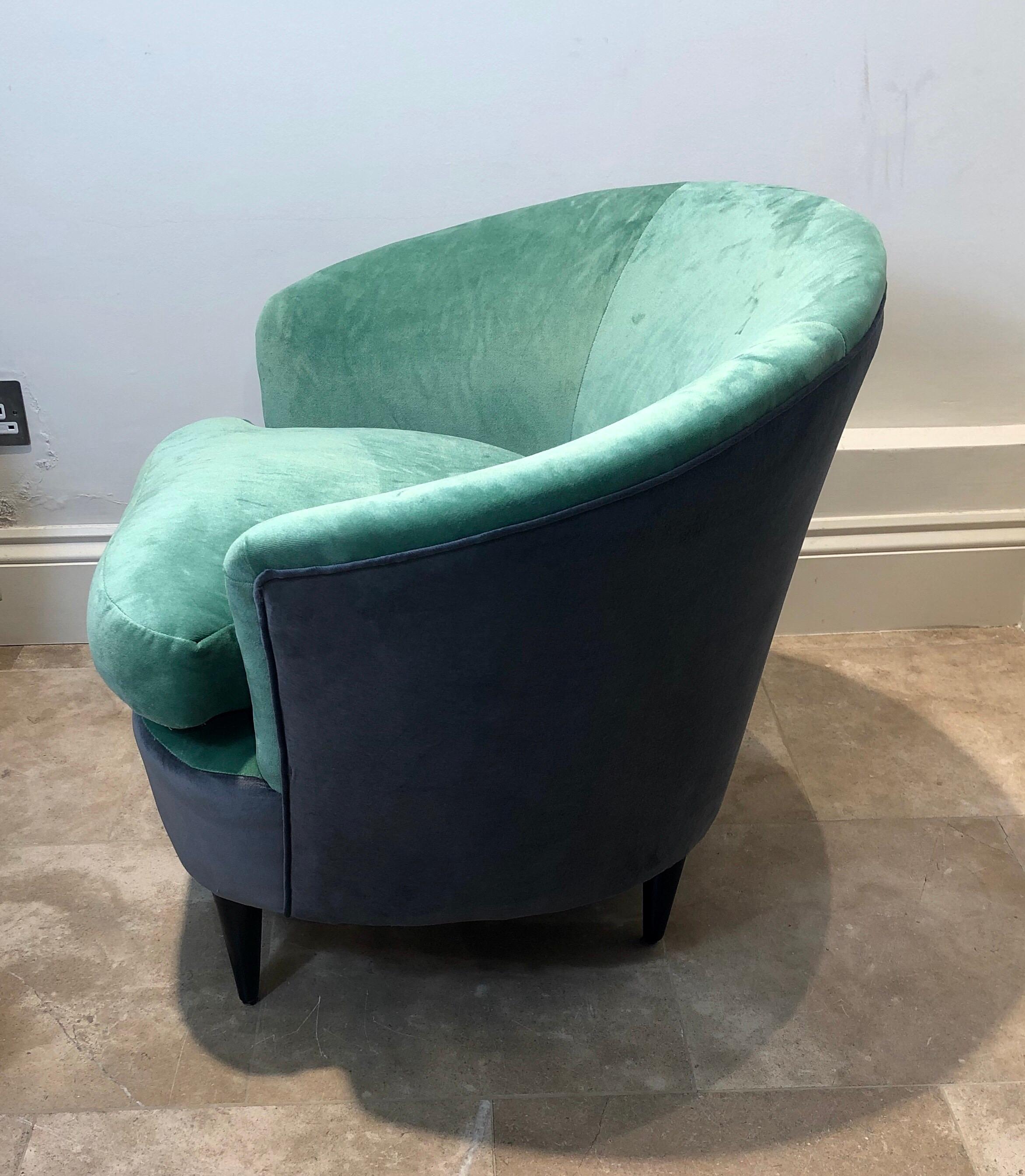 20th Century Pair of Italian Curved Chairs and Stools with Mint Green and Grey Upholstery For Sale