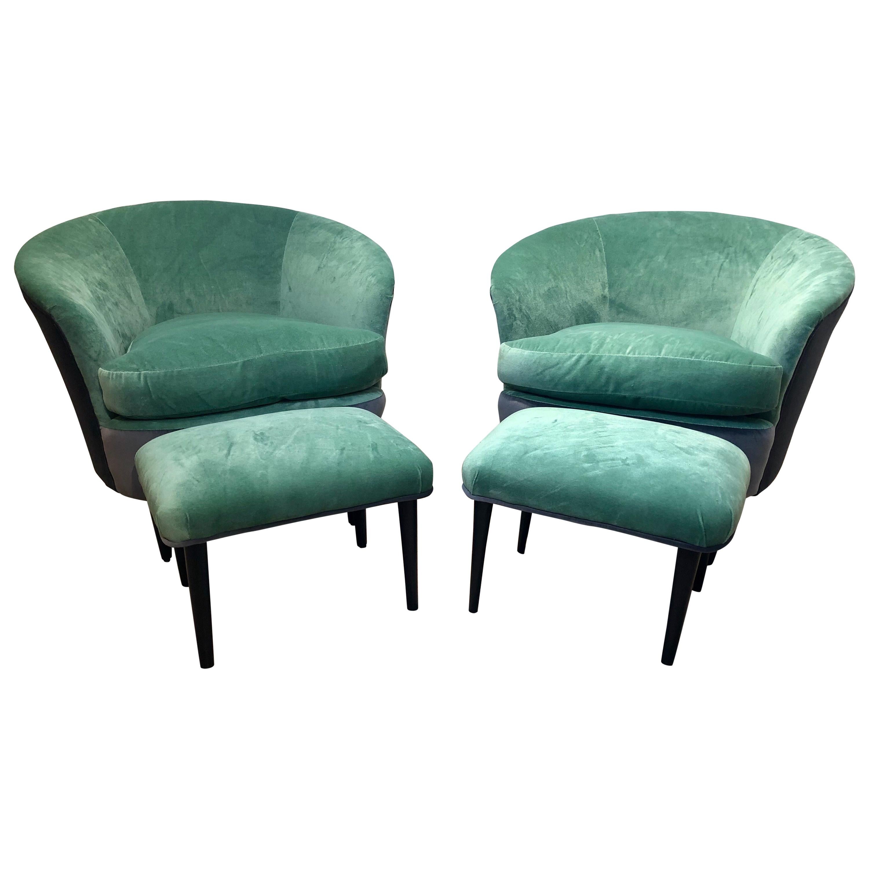 Pair of Italian Curved Chairs and Stools with Mint Green and Grey Upholstery