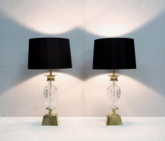 Pair of Italian Cut Crystal Glass and Gilt Metal Table Lamps