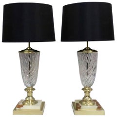 Pair of Italian Cut Crystal Glass and Onyx Table Lamps