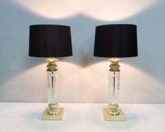 Pair of Italian Cut Crystal Glass Column Table Lamps