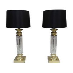 Pair of Italian Cut Crystal Glass Column Table Lamps