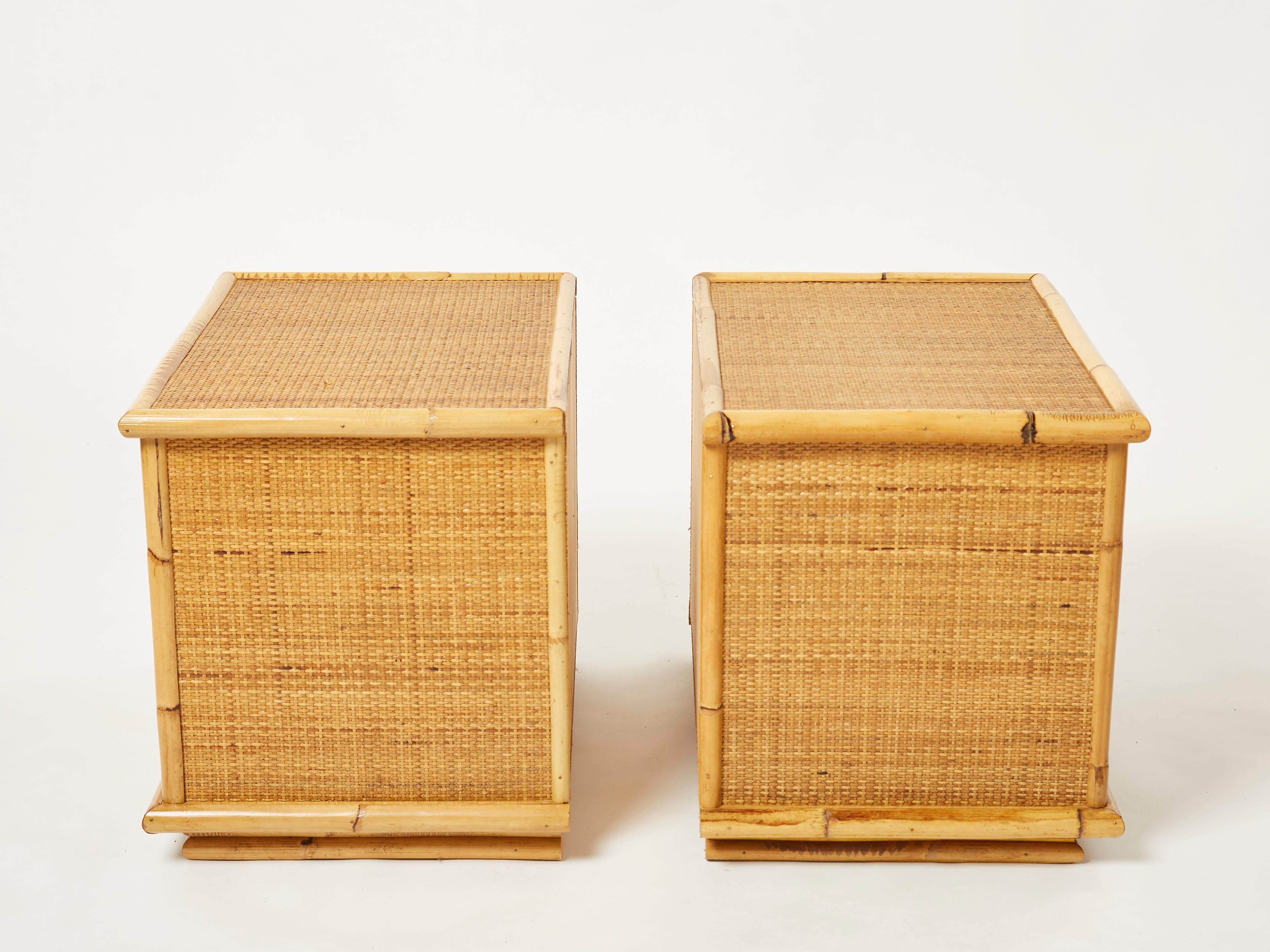 Pair of Italian Dal Vera Bamboo Rattan and Brass Night Stands 1970s 4
