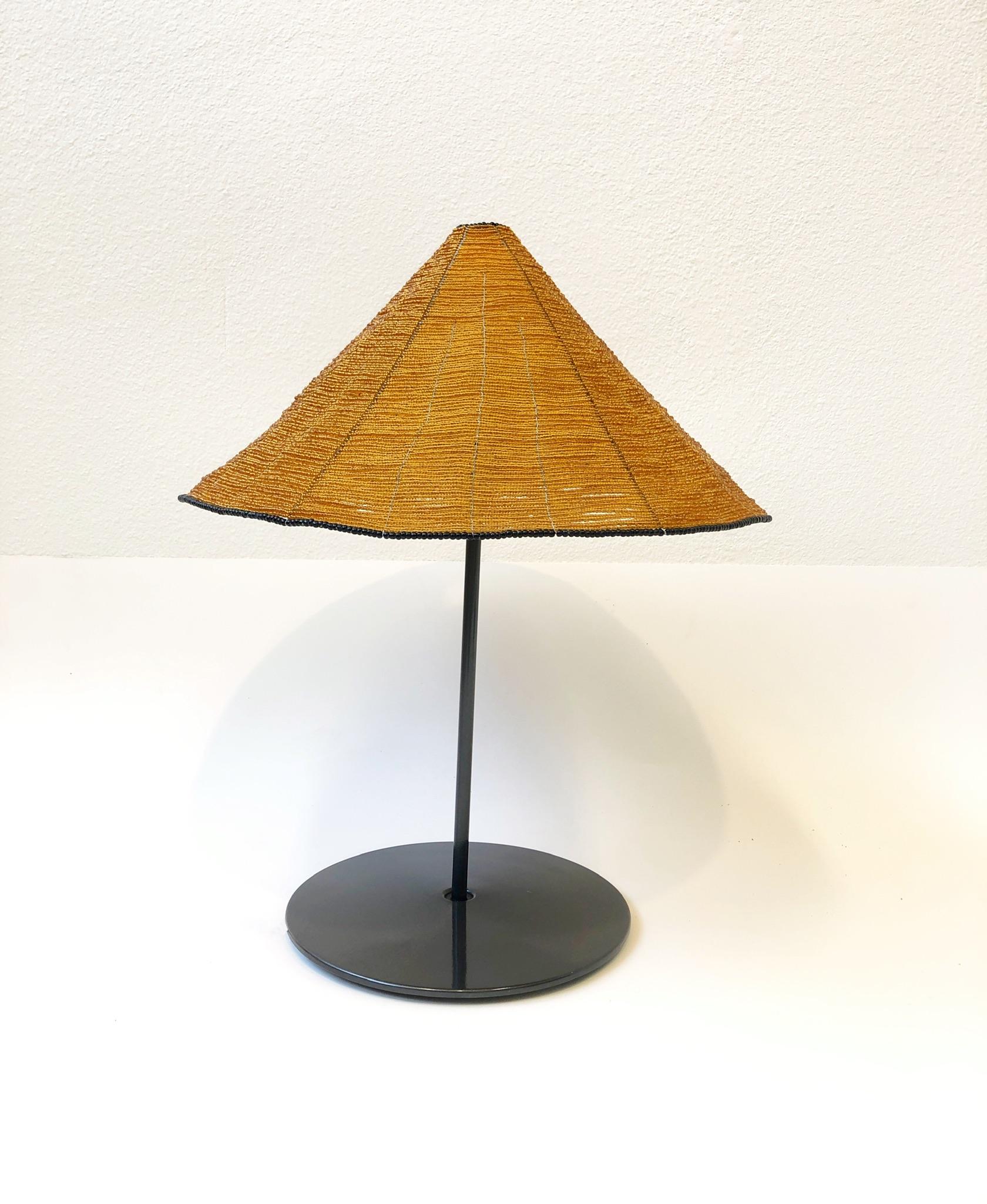 Powder-Coated Pair of Italian Dark Gray Table Lamps with Glass Beaded Shades by Pamino & Toso
