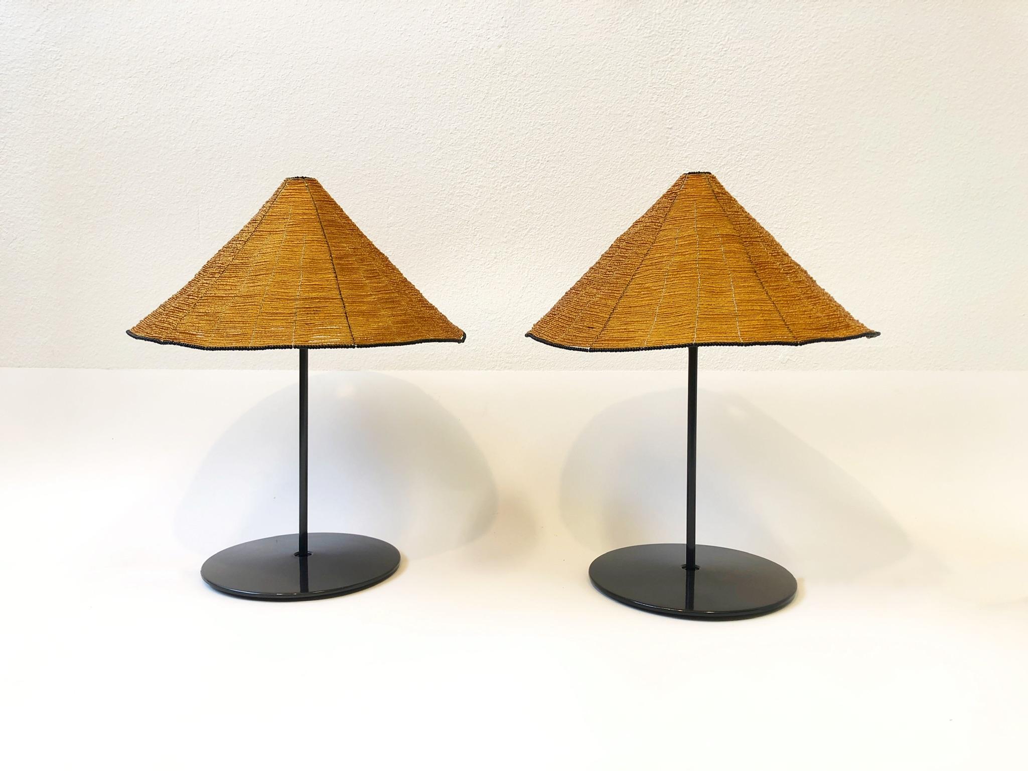 Pair of Italian Dark Gray Table Lamps with Glass Beaded Shades by Pamino & Toso In Good Condition In Palm Springs, CA