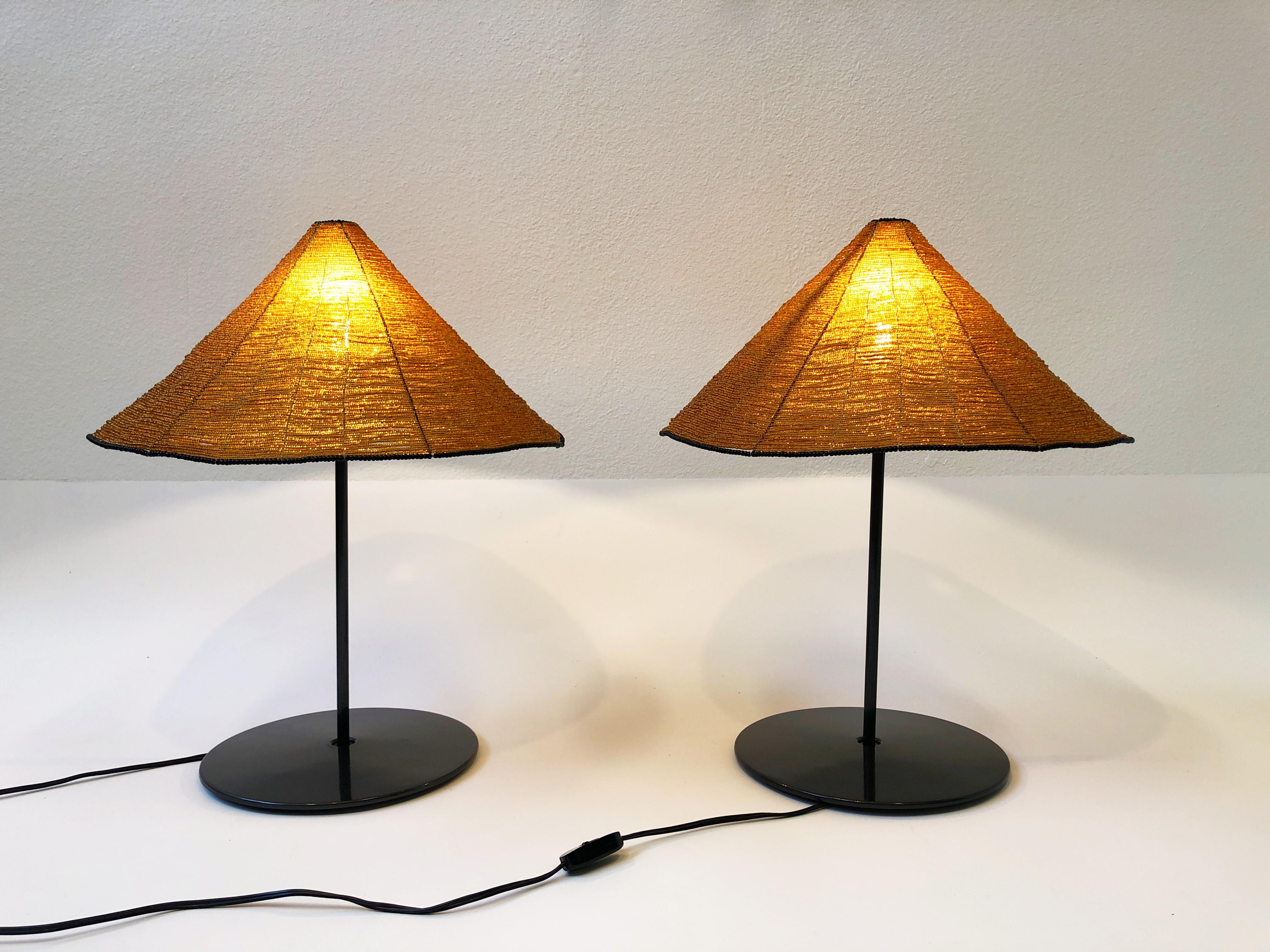 Brass Pair of Italian Dark Gray Table Lamps with Glass Beaded Shades by Pamino & Toso