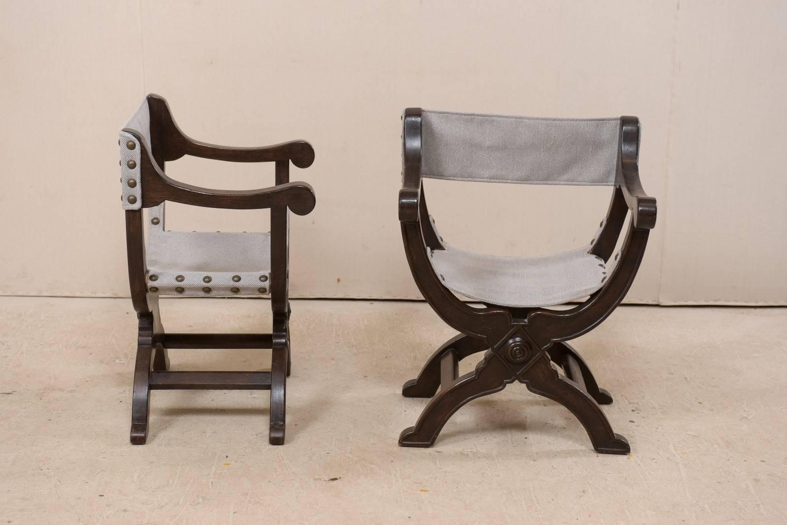 Pair of Italian Dark Wood Dante Style Chairs with Rounded X-Frames 1