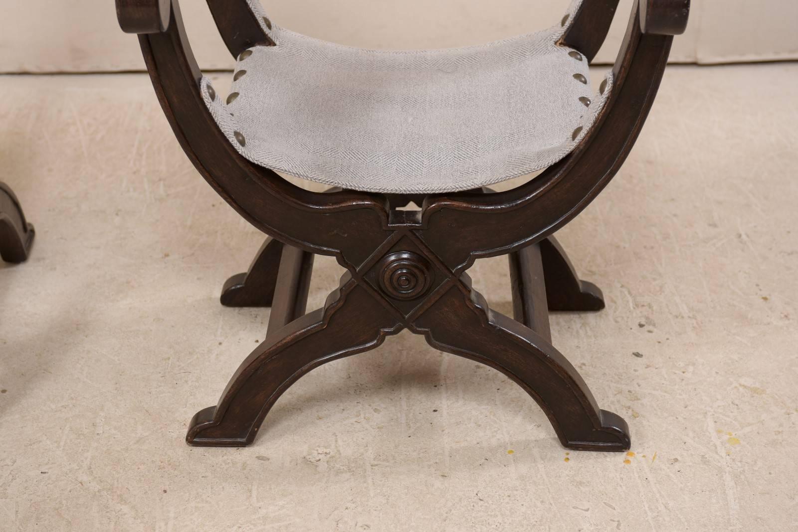 Pair of Italian Dark Wood Dante Style Chairs with Rounded X-Frames 2