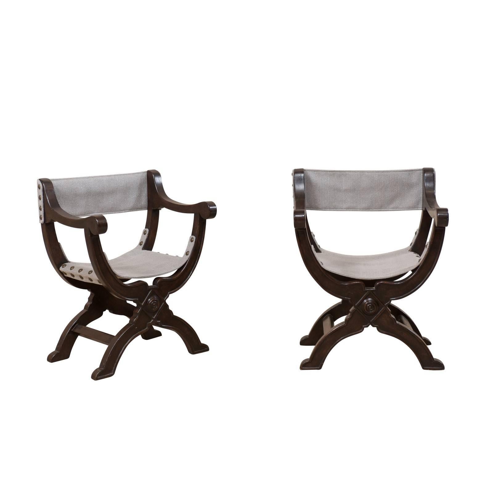 Pair of Italian Dark Wood Dante Style Chairs with Rounded X-Frames at  1stDibs