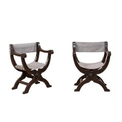 Pair of Italian Dark Wood Dante Style Chairs with Rounded X-Frames