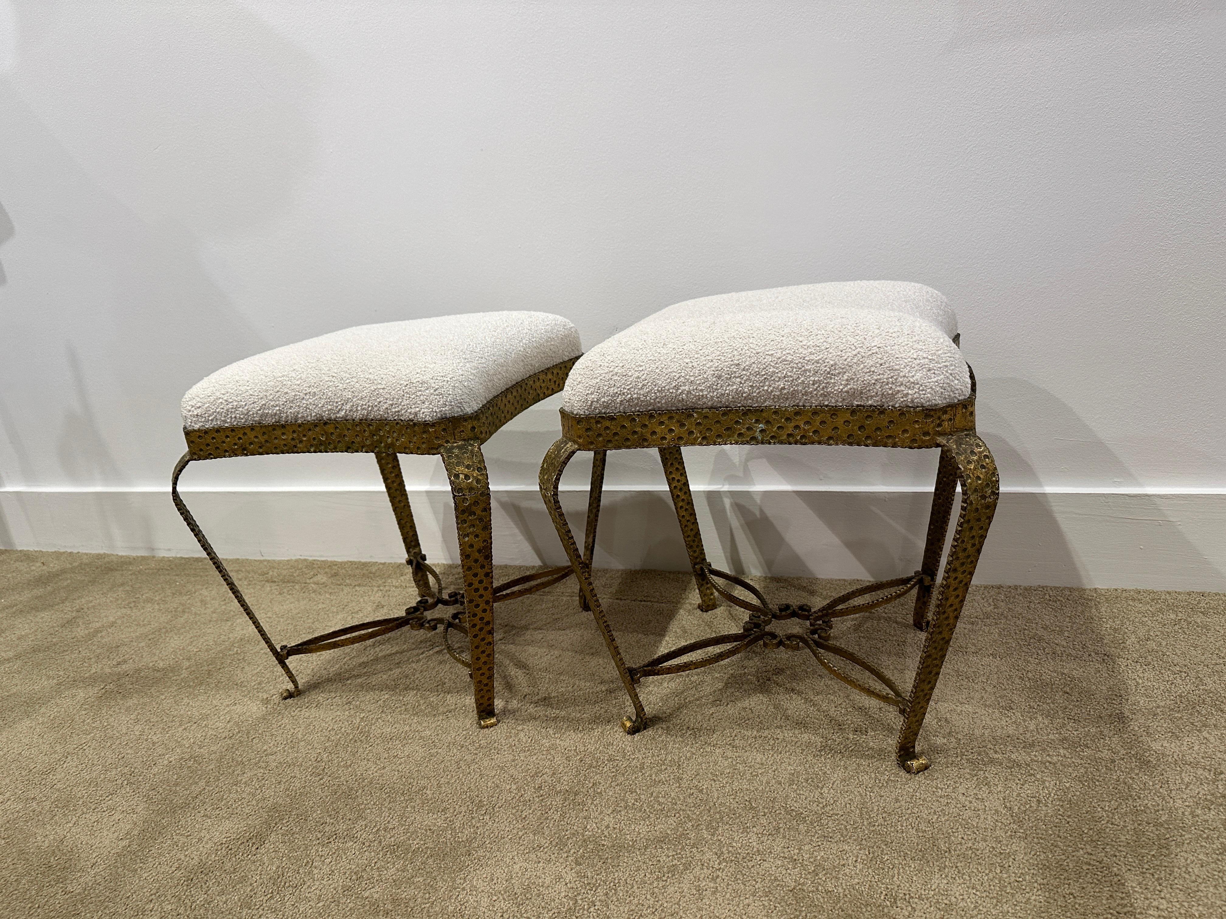 Bouclé Pair of Italian Deco Stools in Gilt Metal by Pier Luigi Colli