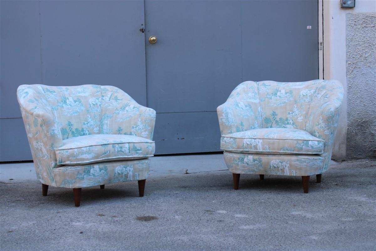 Pair of original 1950's armchairs, completely well restored We have used a stain resistant velvet with classic prints in the mid 20th century Italian manner, a great result for something truly elegant for your home.