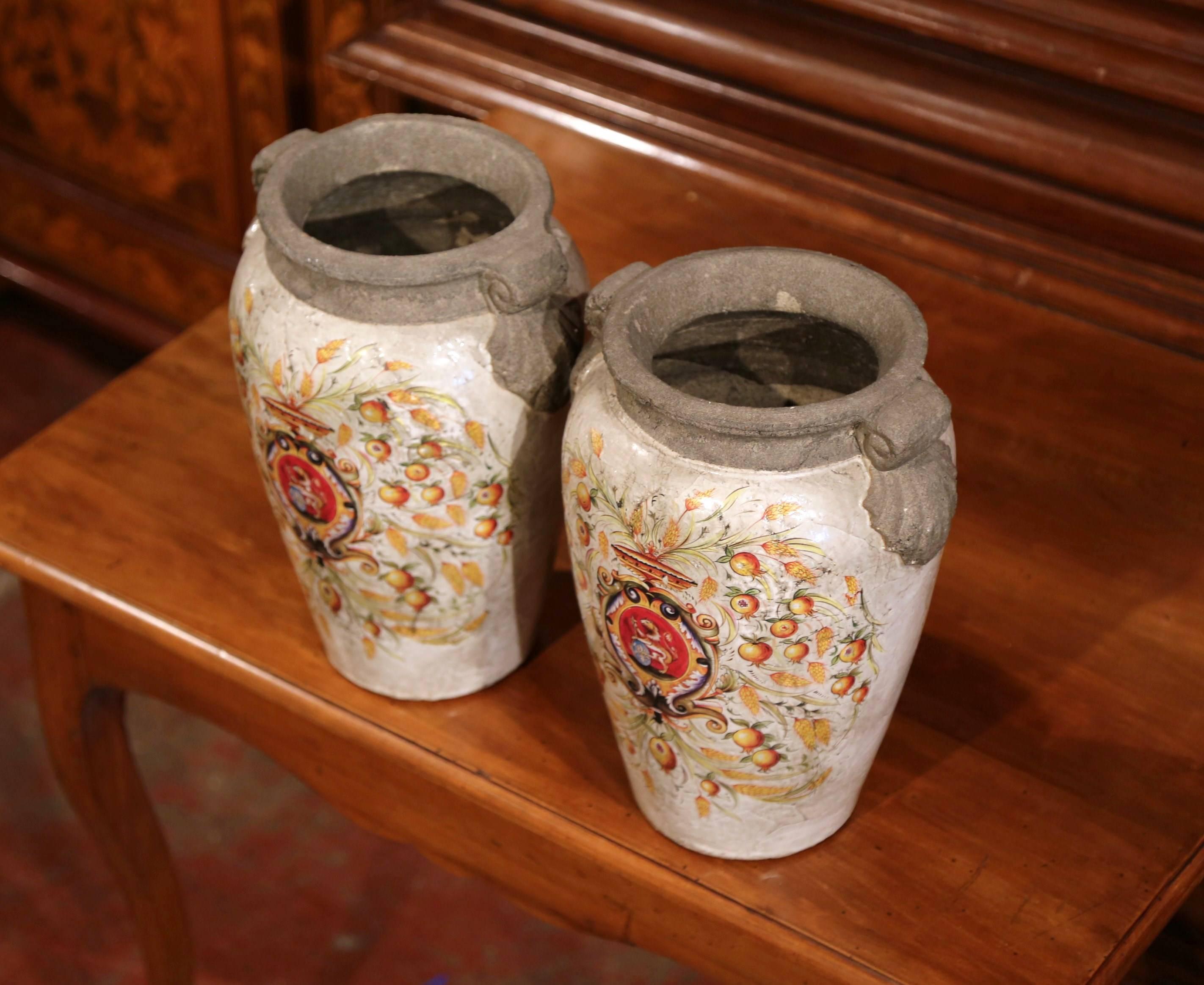 Pair of Italian Decorative Hand-Painted Vases with Wheat and Fruit In Excellent Condition In Dallas, TX