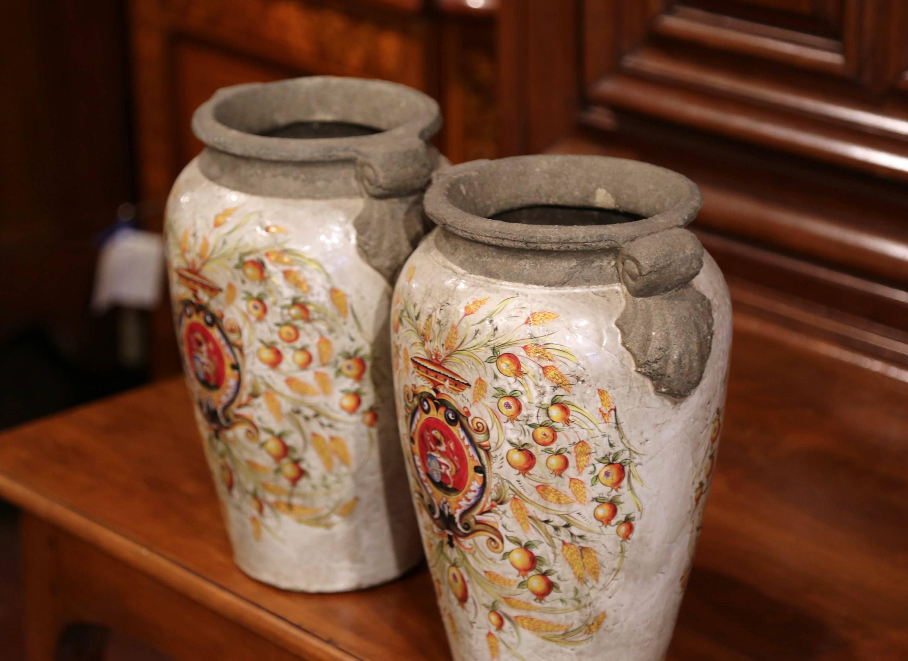 Contemporary Pair of Italian Decorative Hand-Painted Vases with Wheat and Fruit