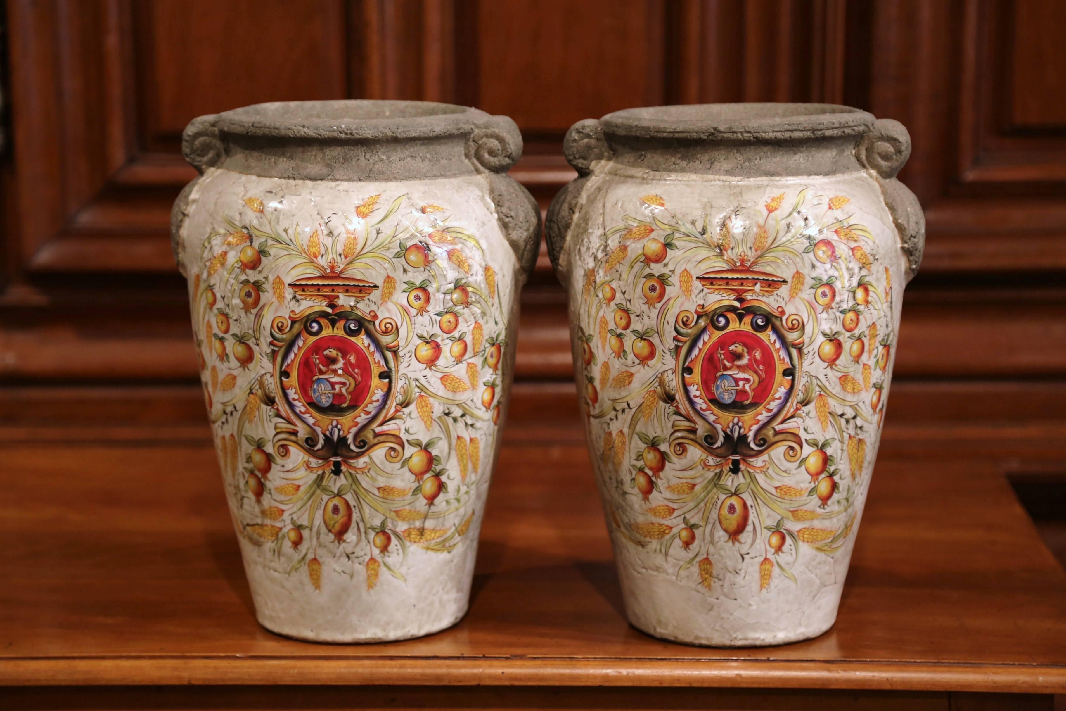 Ceramic Pair of Italian Decorative Hand-Painted Vases with Wheat and Fruit