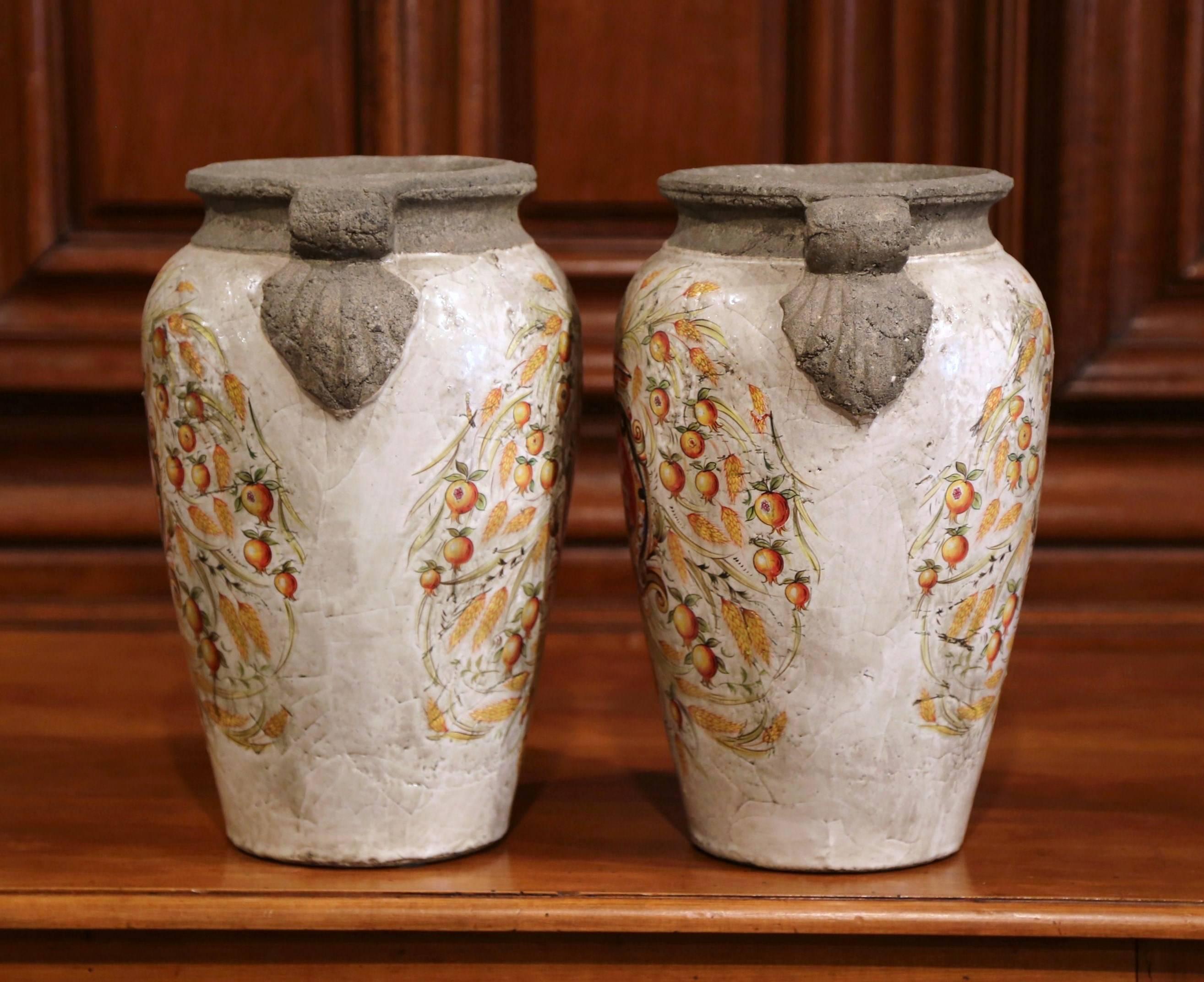 Pair of Italian Decorative Hand-Painted Vases with Wheat and Fruit 1