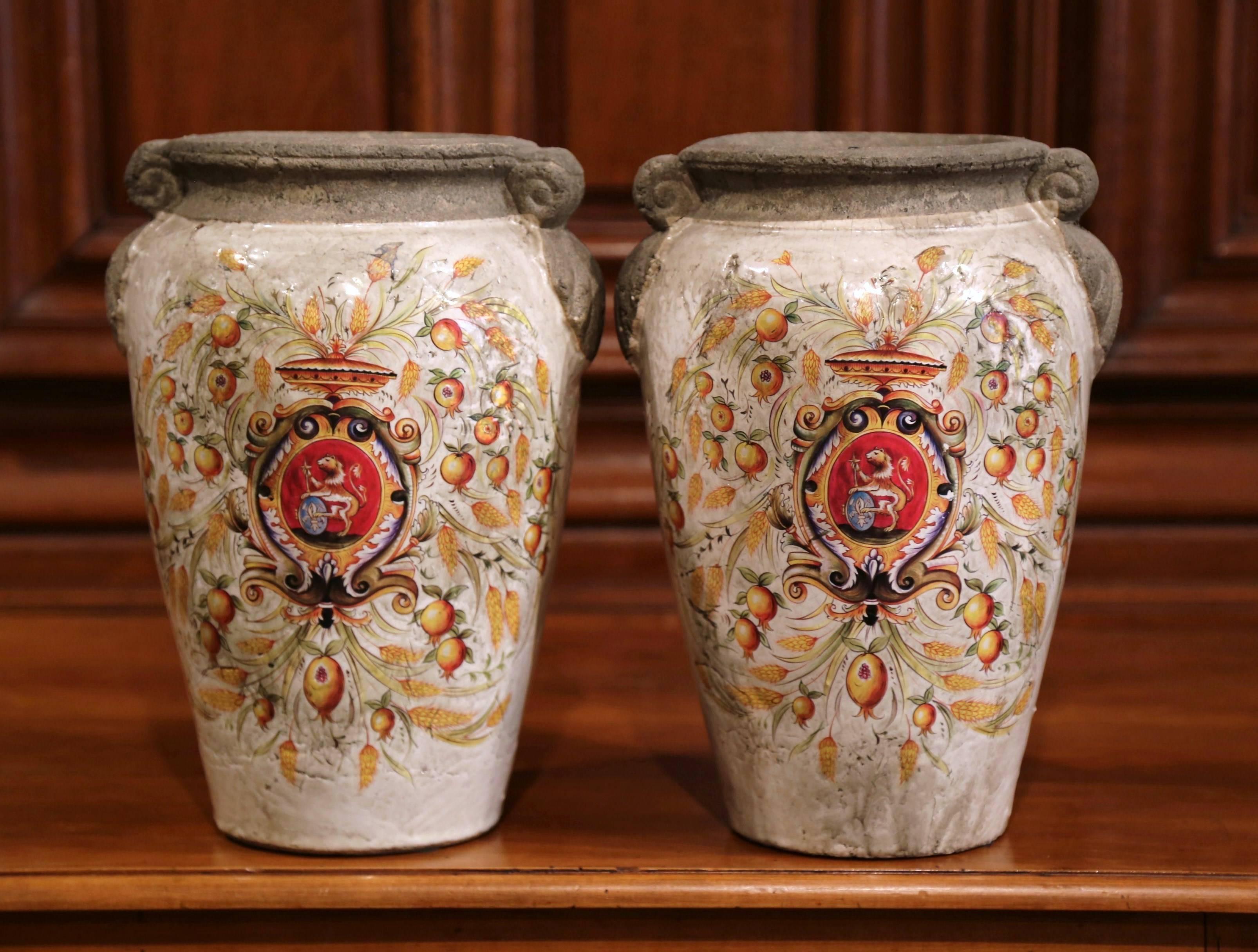 Pair of Italian Decorative Hand-Painted Vases with Wheat and Fruit 2
