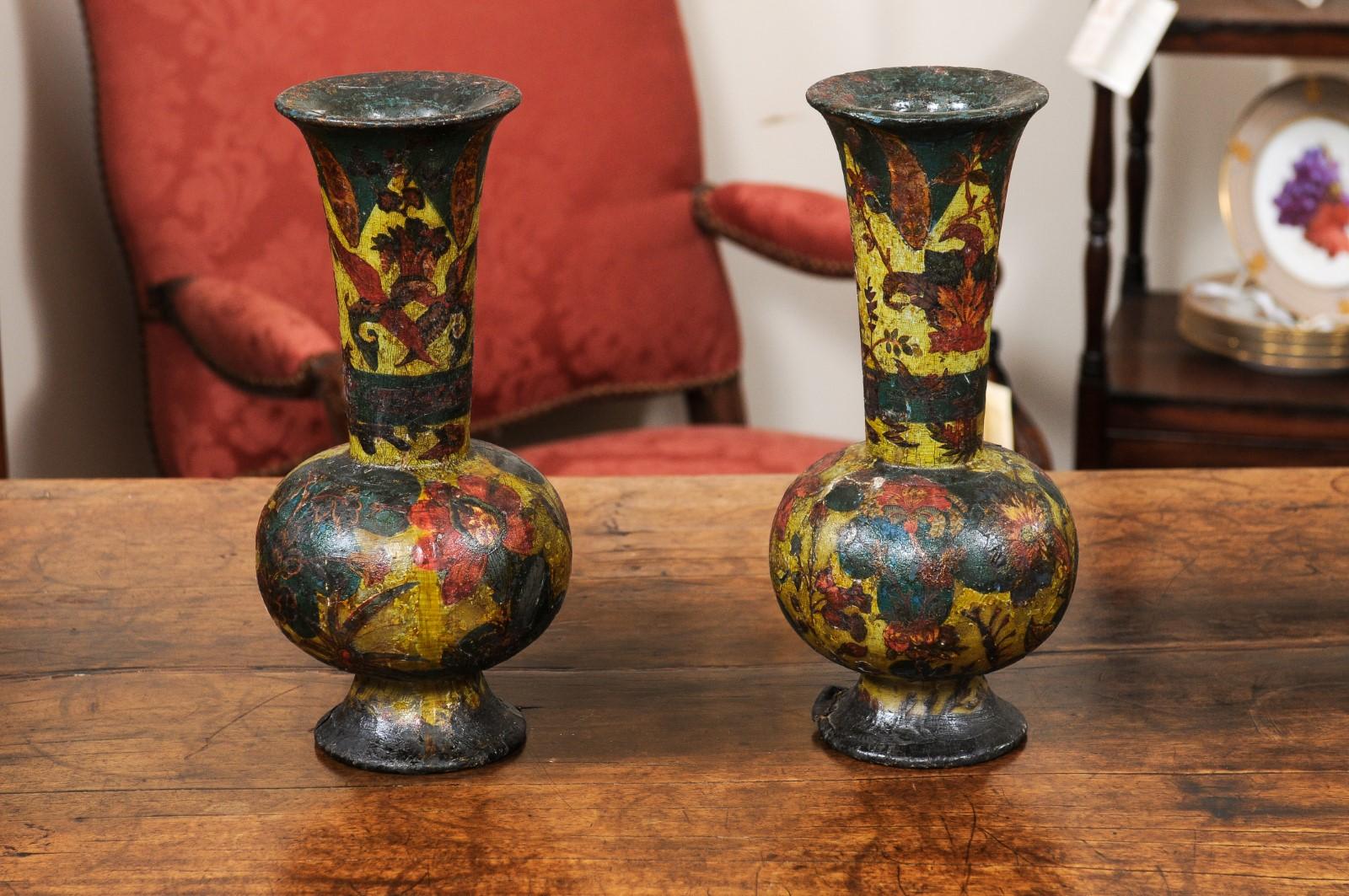  Pair of Italian Decoupage Wood Vases, 19th Century In Good Condition For Sale In Atlanta, GA