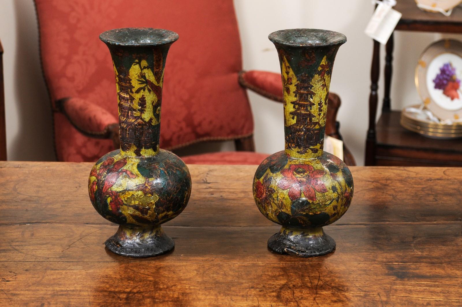  Pair of Italian Decoupage Wood Vases, 19th Century For Sale 1