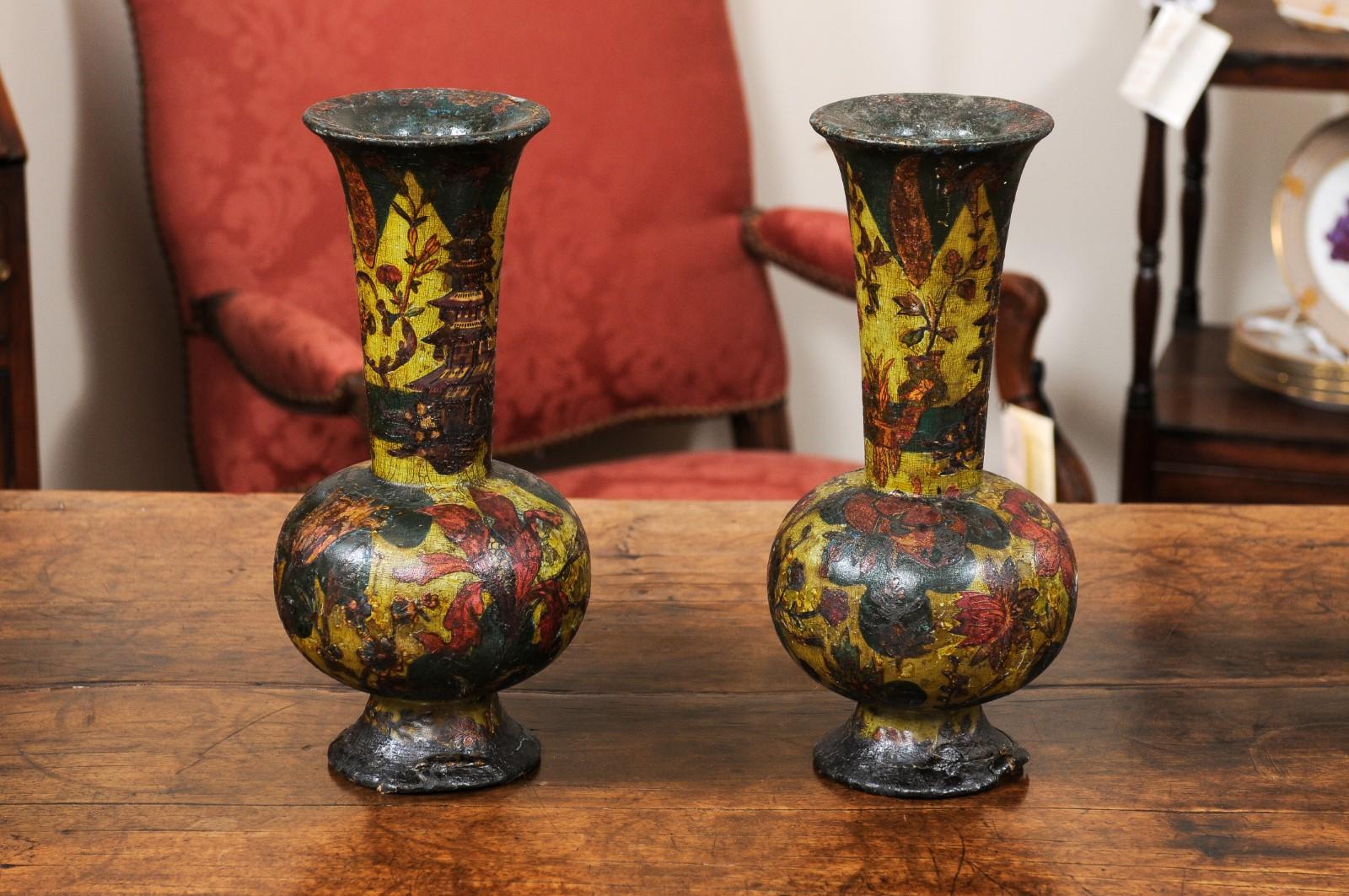  Pair of Italian Decoupage Wood Vases, 19th Century For Sale 2