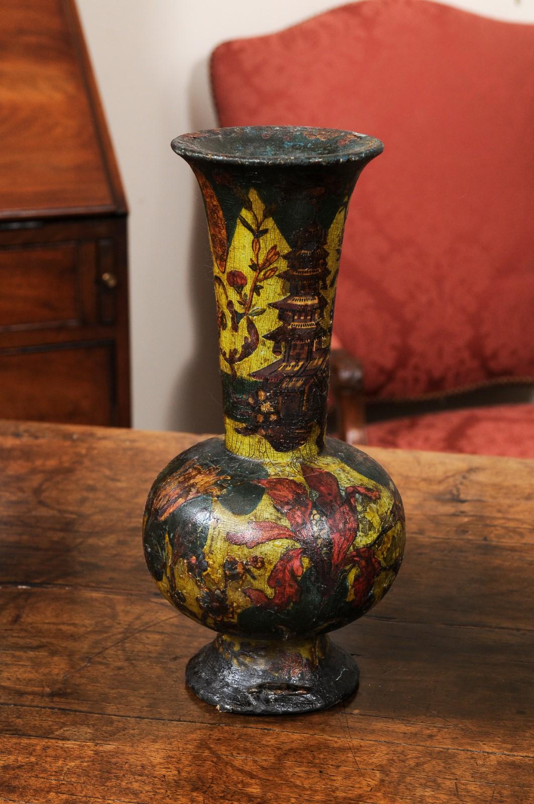  Pair of Italian Decoupage Wood Vases, 19th Century For Sale 3
