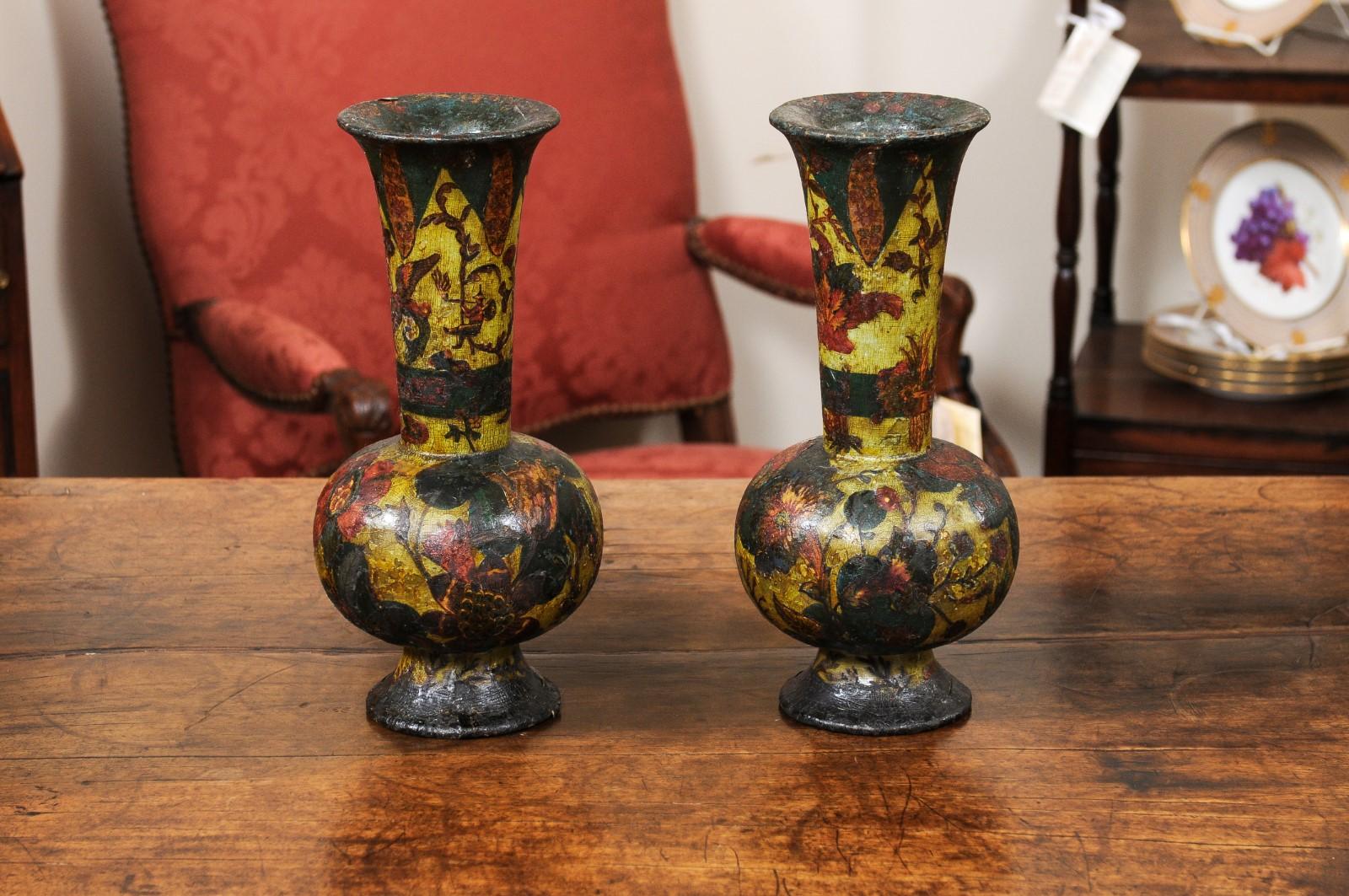  Pair of Italian Decoupage Wood Vases, 19th Century For Sale 5