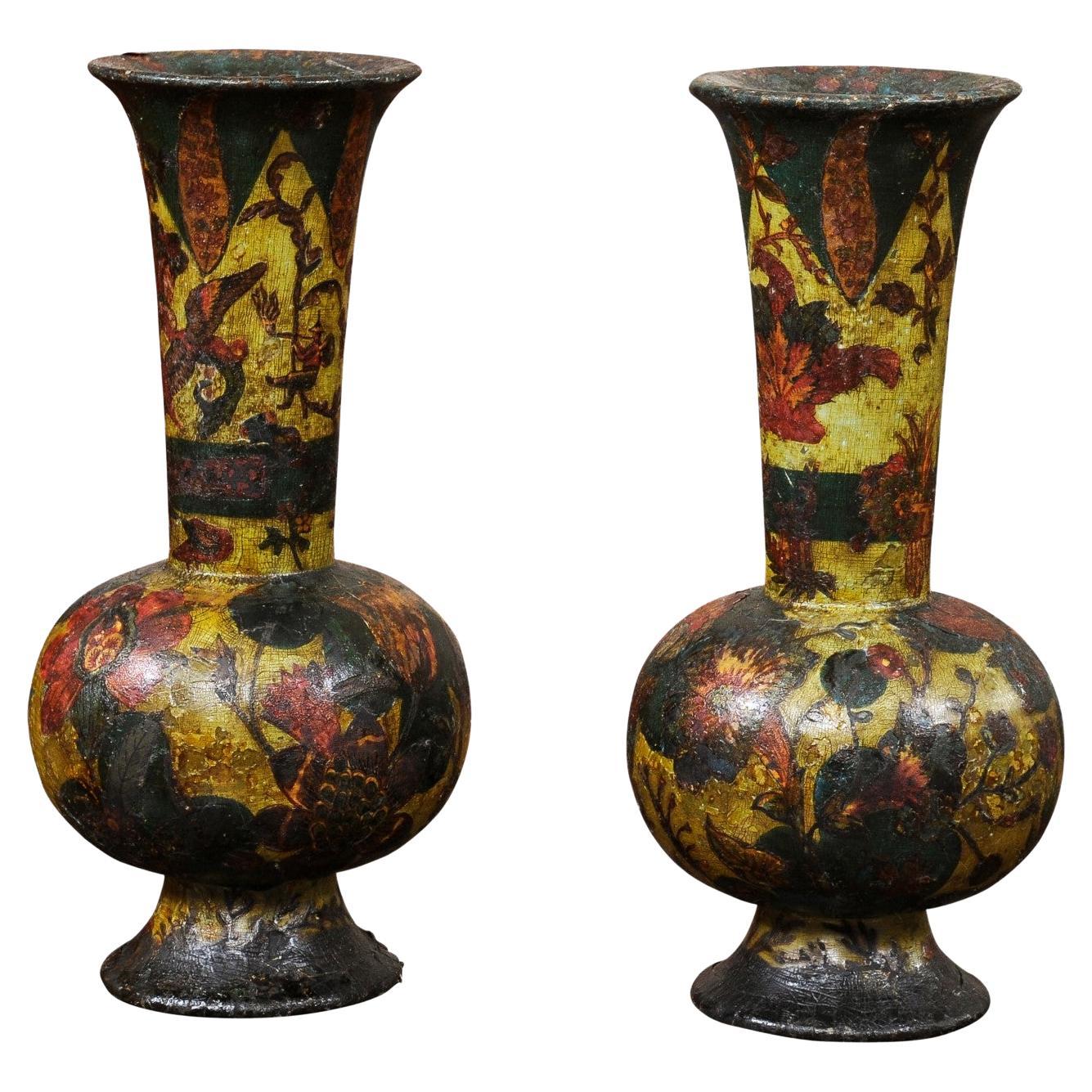 Pair of Italian Decoupage Wood Vases, 19th Century For Sale