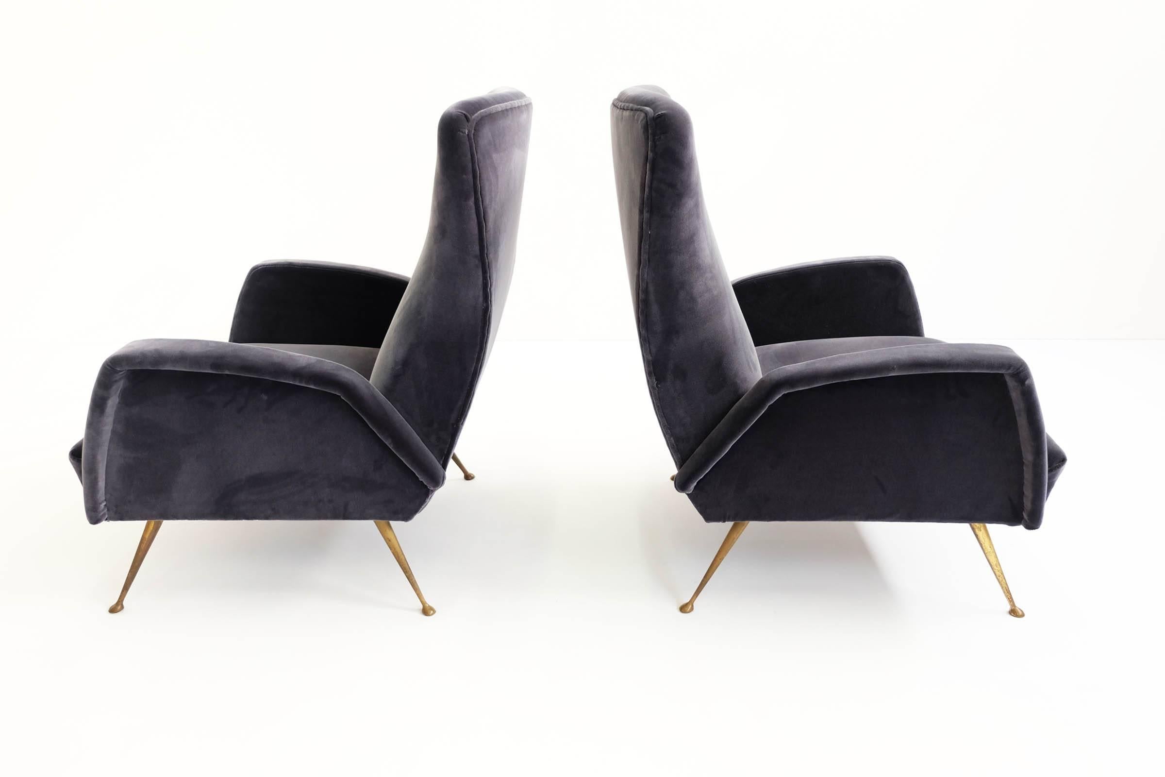 Mid-Century Modern Pair of Italian Deep Grey Velvet Armchairs