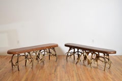 Pair of Italian Deer Antler & Leather Upholstered Benches, Early 20th Century