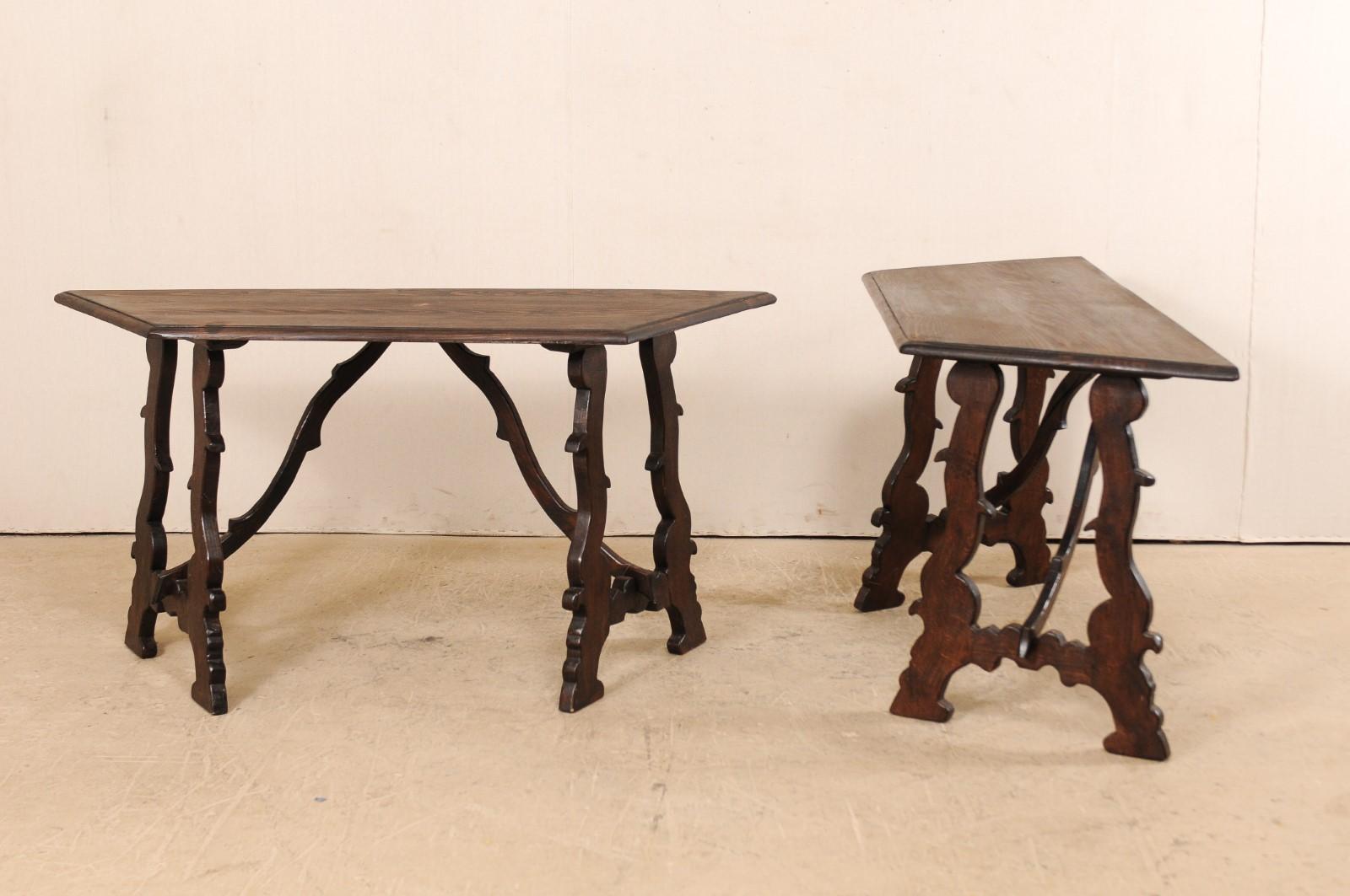 Carved Pair of Italian Demilune Lyre-Leg Pine Wood Tables
