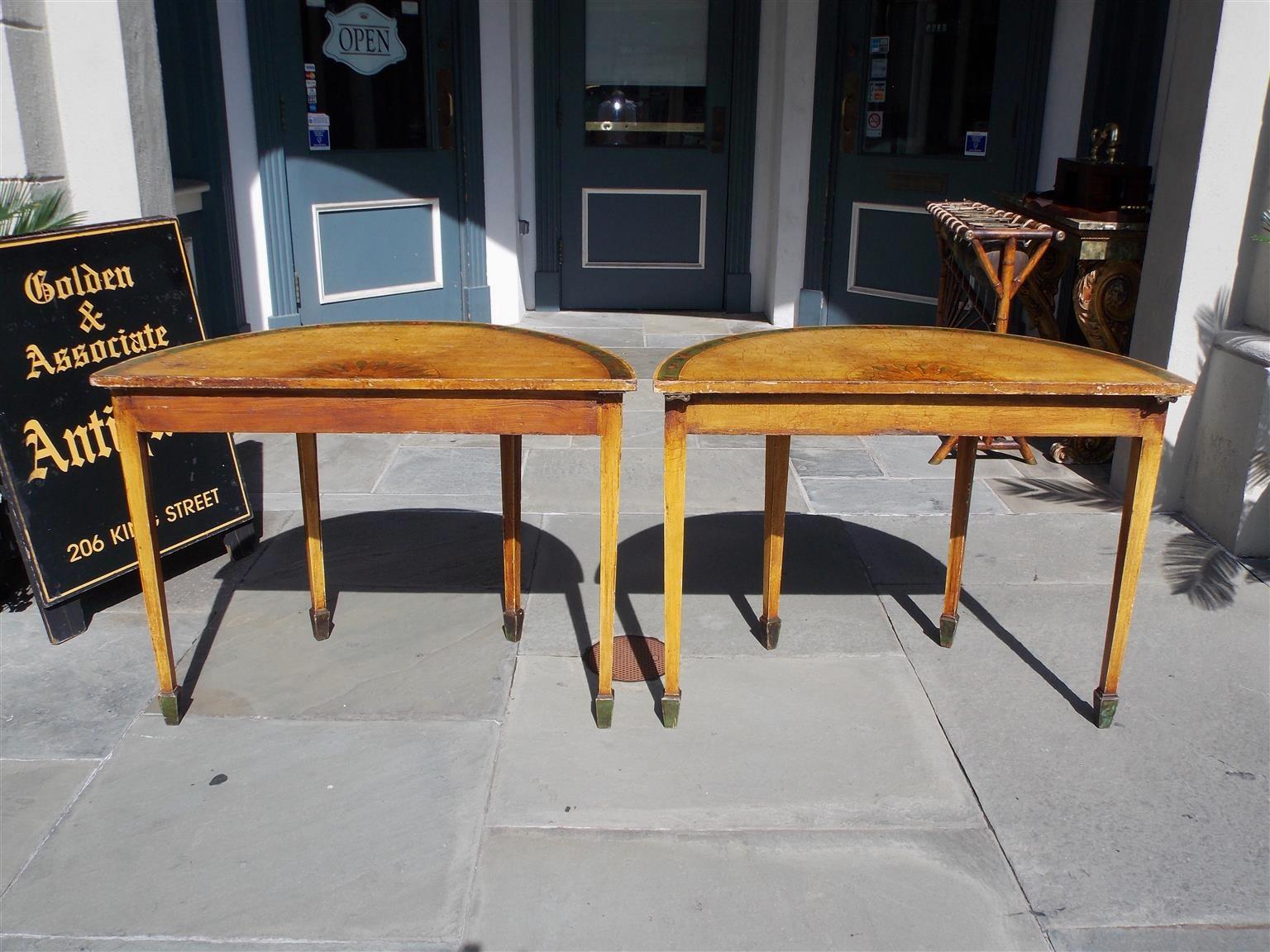 Pair of Italian Demi-Lune Painted Floral Consoles with Spade Feet, Circa 1830 For Sale 3